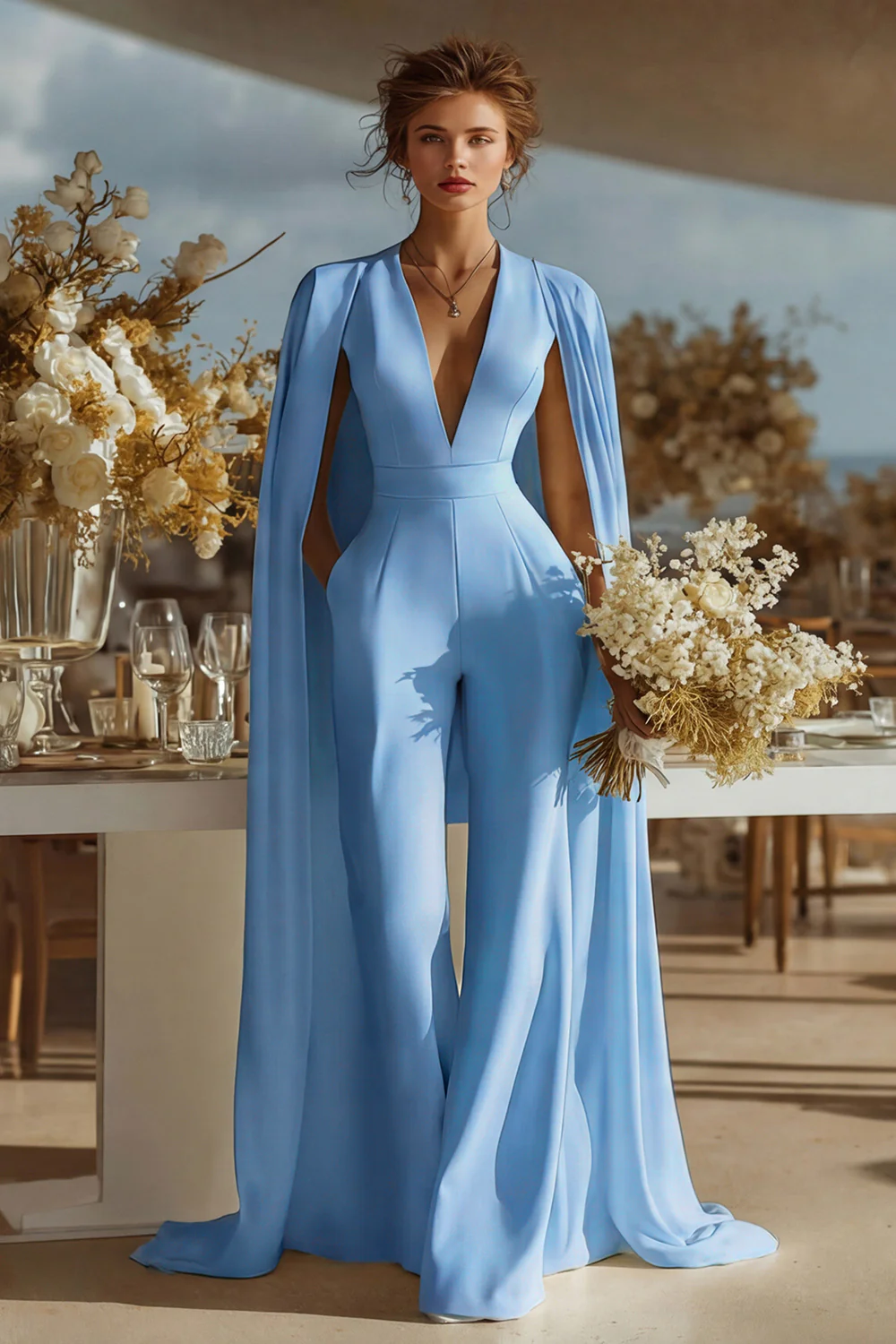 Ivory V-Neck Fitted Bridal Jumpsuits with Cape - Image 7