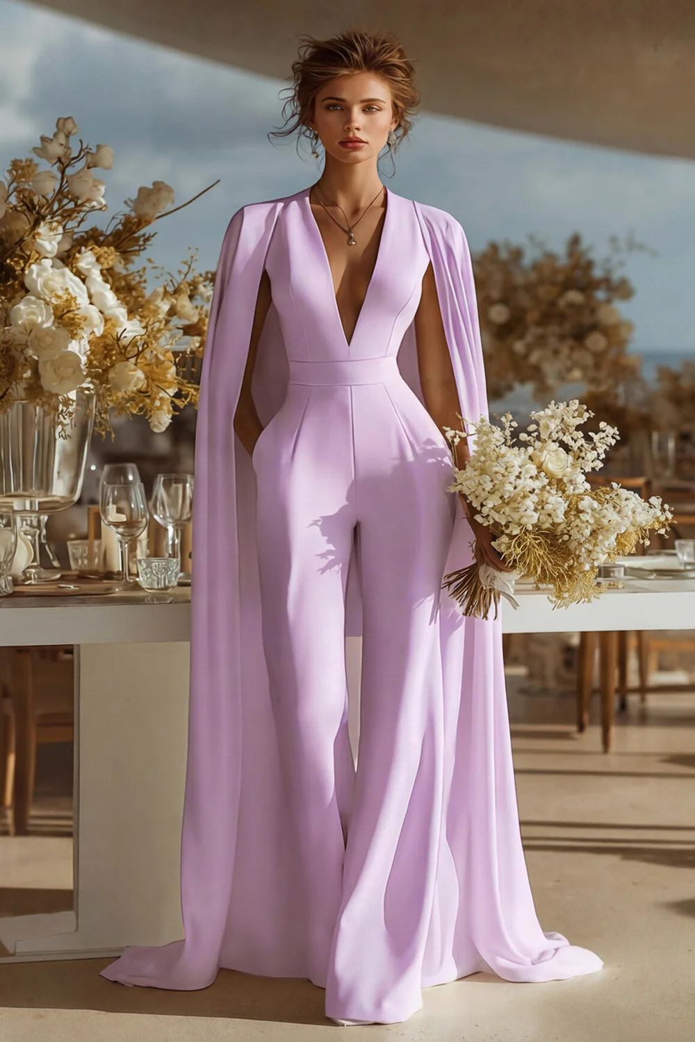 Ivory V-Neck Fitted Bridal Jumpsuits with Cape - Image 8