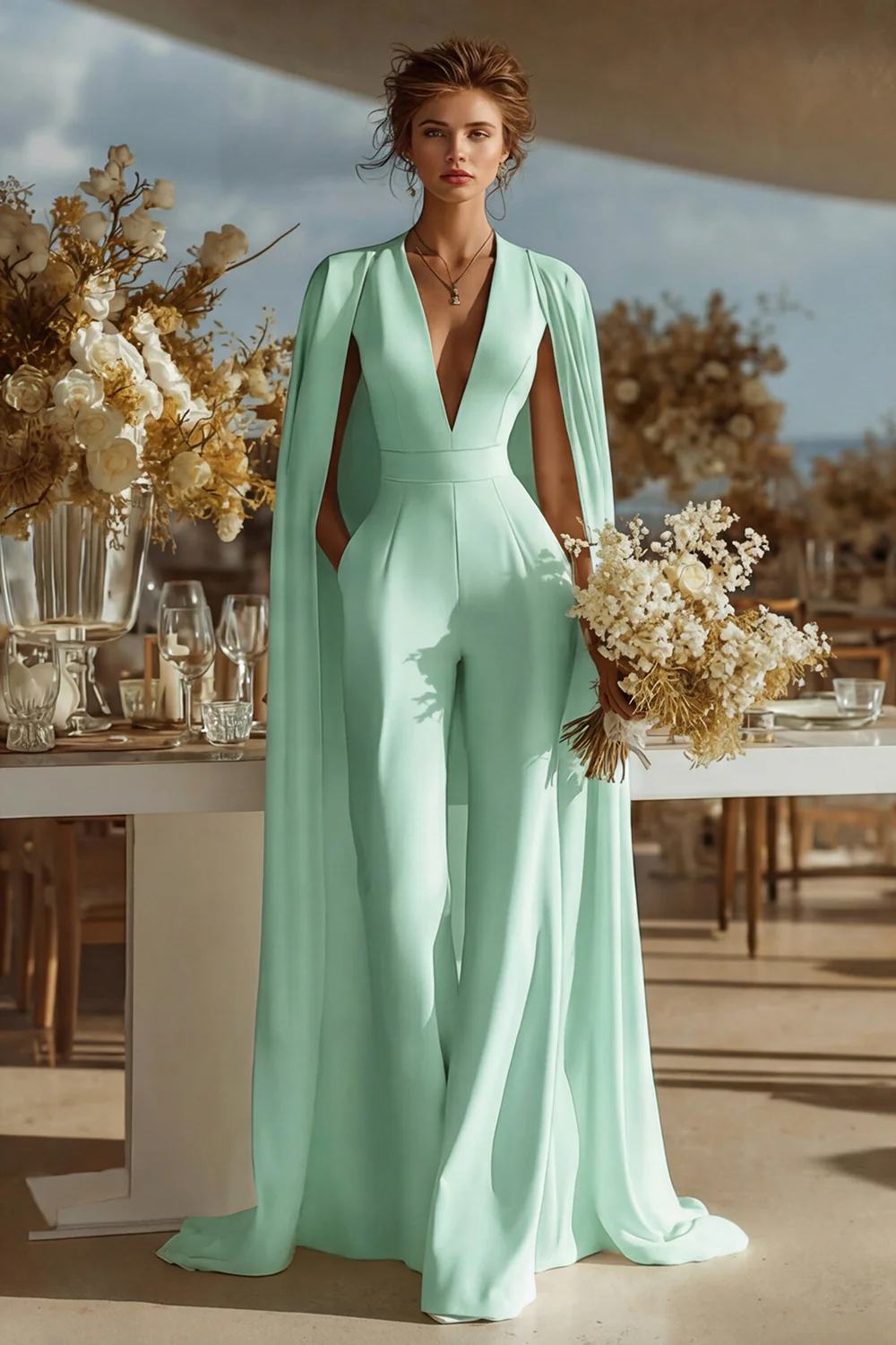 Ivory V-Neck Fitted Bridal Jumpsuits with Cape - Image 9