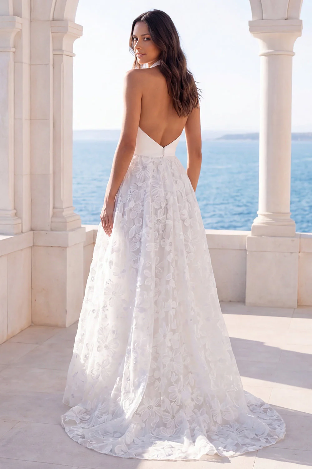 Ivory Halter Floral A Line Long Wedding Dress - Image 2