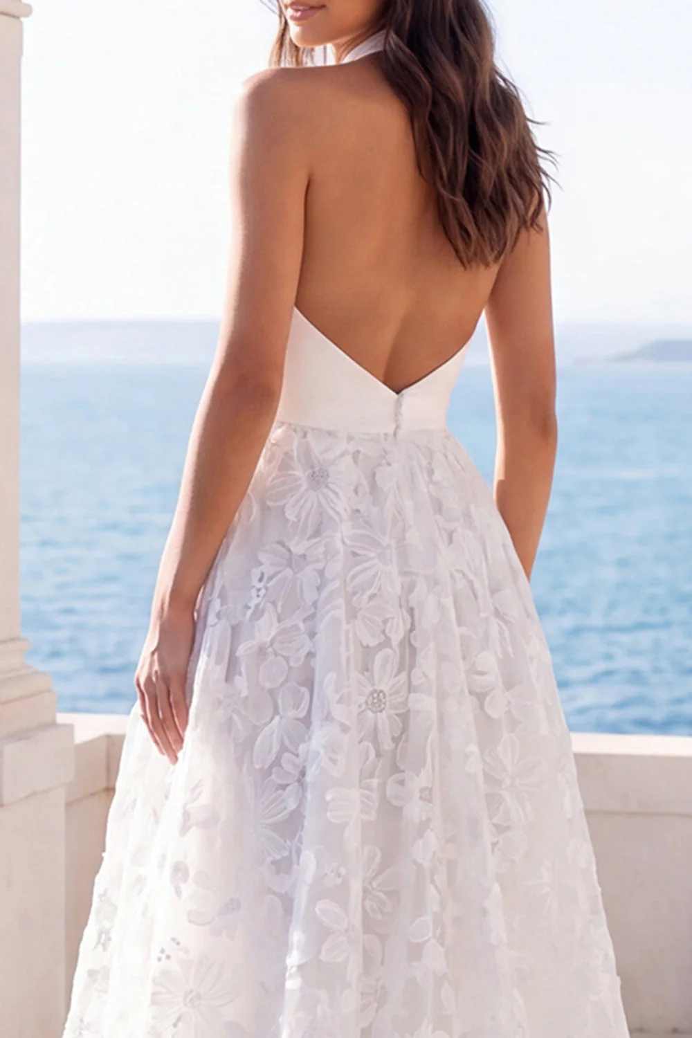 Ivory Halter Floral A Line Long Wedding Dress - Image 4
