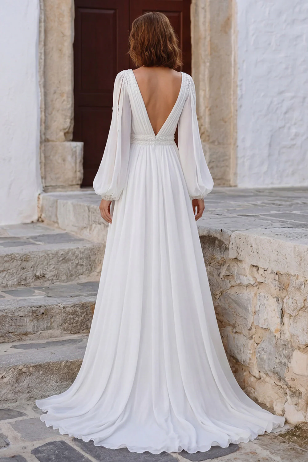 Ivory V Neck Puff Sleeves Long Wedding Dress with Slit - Image 2