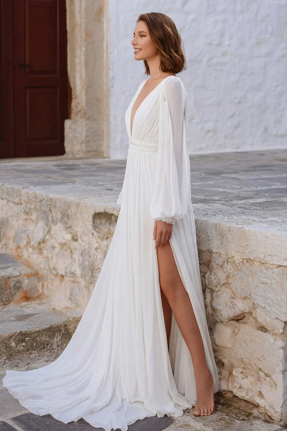 Ivory V Neck Puff Sleeves Long Wedding Dress with Slit - Image 3
