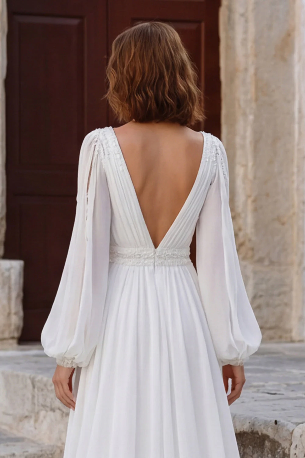Ivory V Neck Puff Sleeves Long Wedding Dress with Slit - Image 6