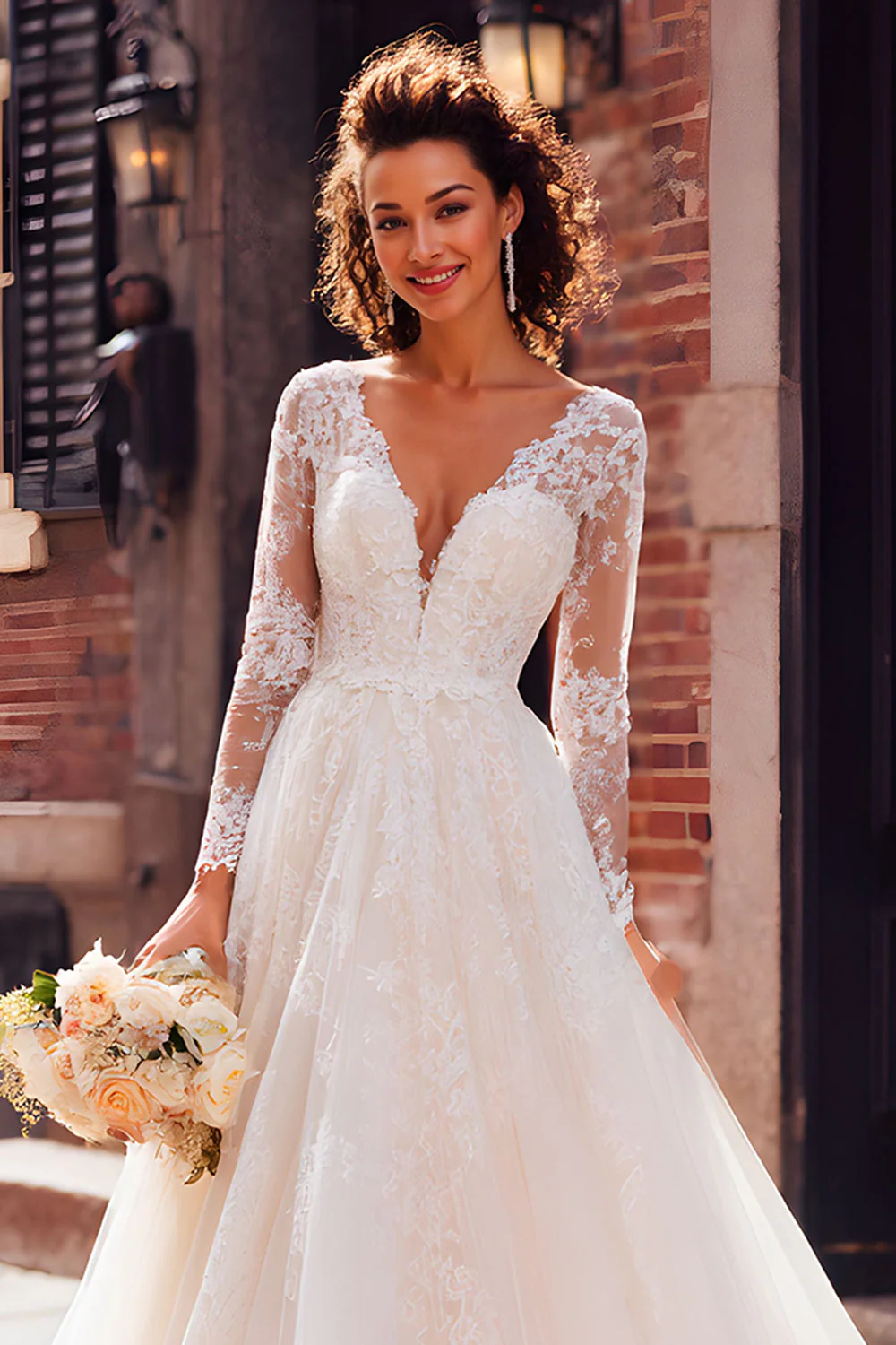 Ivory V-Neck Tulle Princess Long Sleeves Floor Length Wedding Dress with Lace - Image 2
