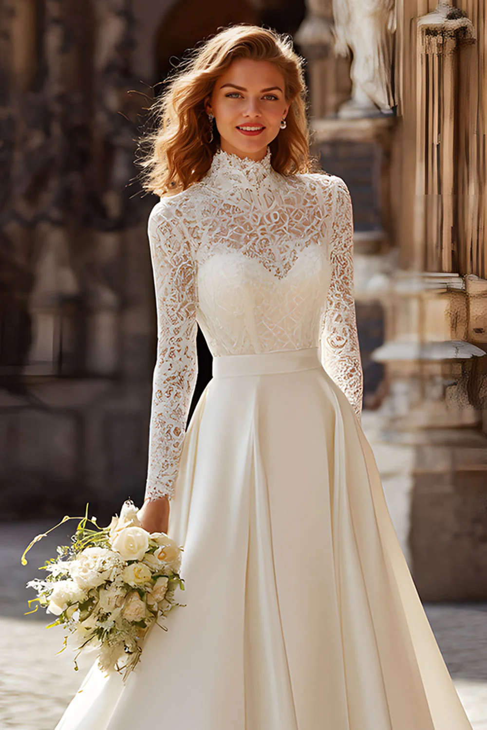 Ivory Vintage A Line Sweep Train High Neck Wedding Dress with Sleeves - Image 2