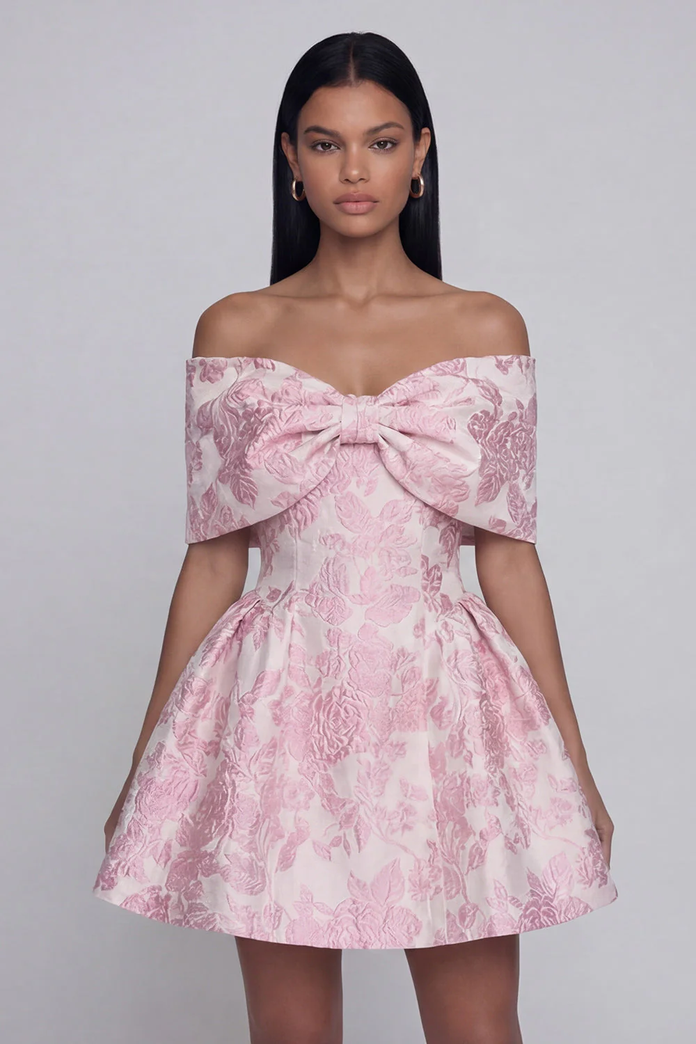 Jacquard A-Line Pink Off the Shoulder Mini Floral Dress With Bow - Image 3