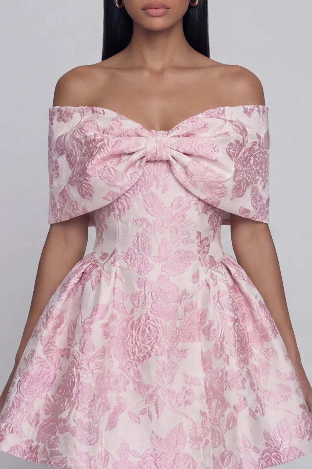 Jacquard A-Line Pink Off the Shoulder Mini Floral Dress With Bow - Image 4