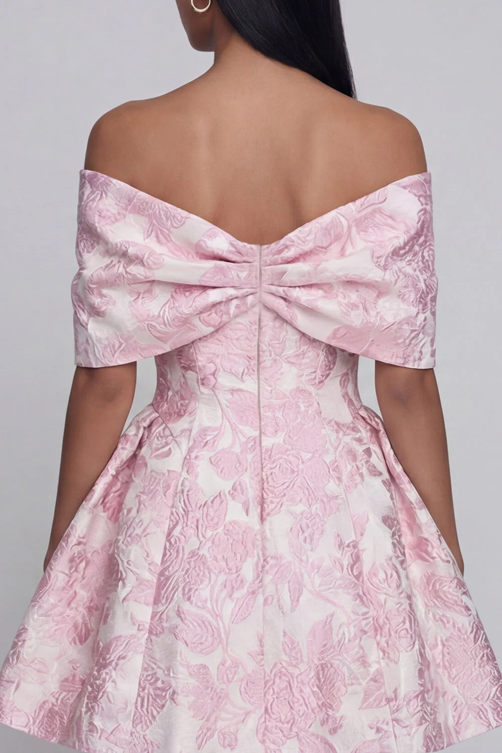 Jacquard A-Line Pink Off the Shoulder Mini Floral Dress With Bow - Image 5