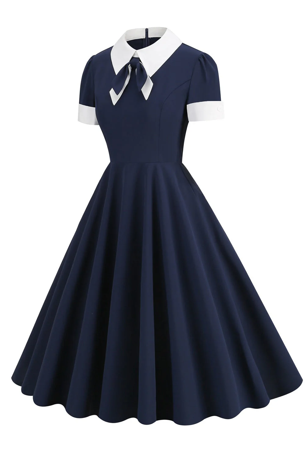 Jewel Neck Navy 1950s Dress with Bowknot - Image 4