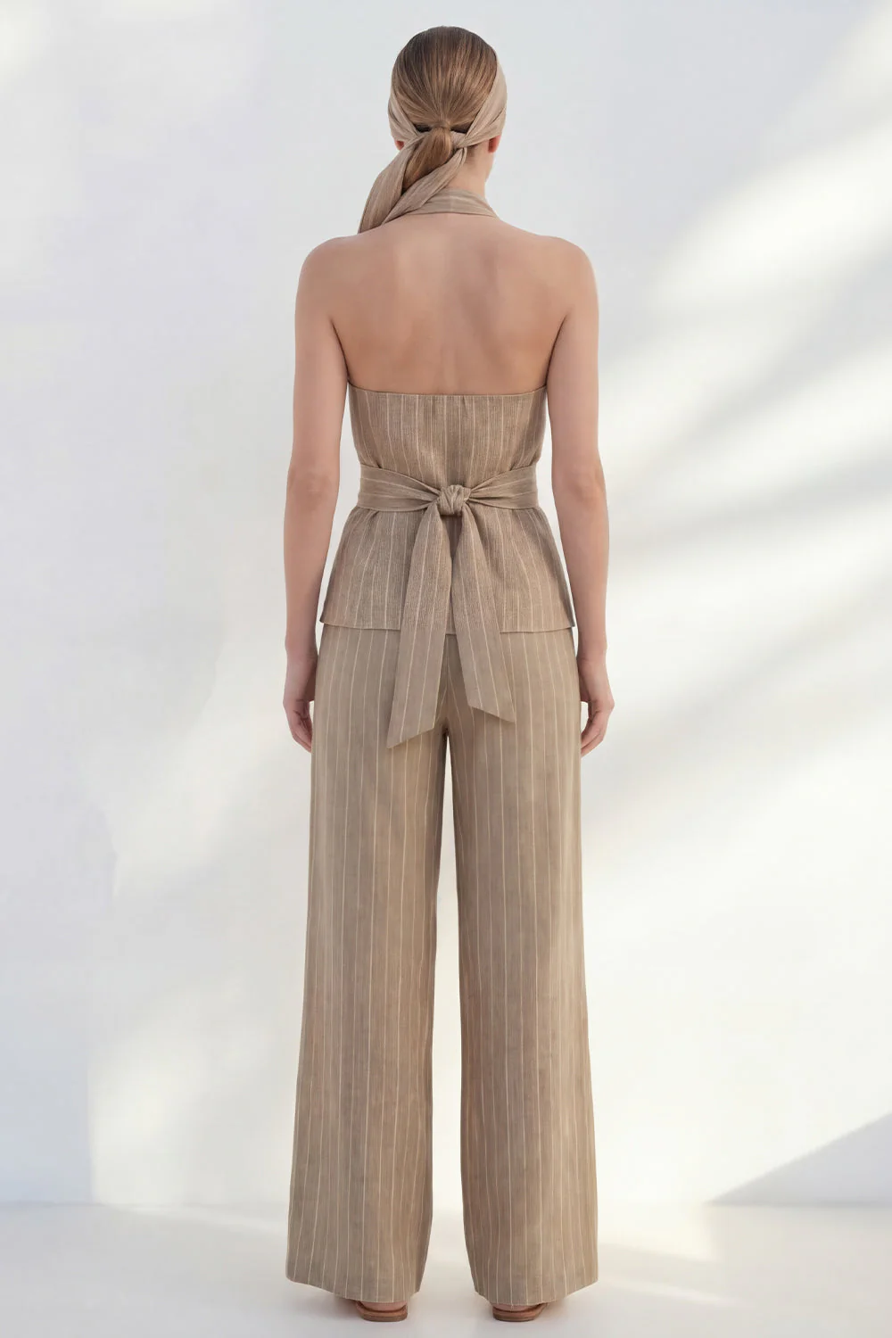 Khaki Halter 2 Piece Striped Linen Business Suits with Belt - Image 2