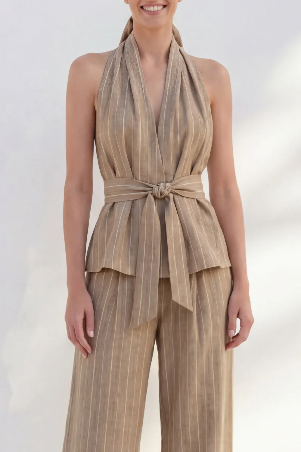 Khaki Halter 2 Piece Striped Linen Business Suits with Belt - Image 3