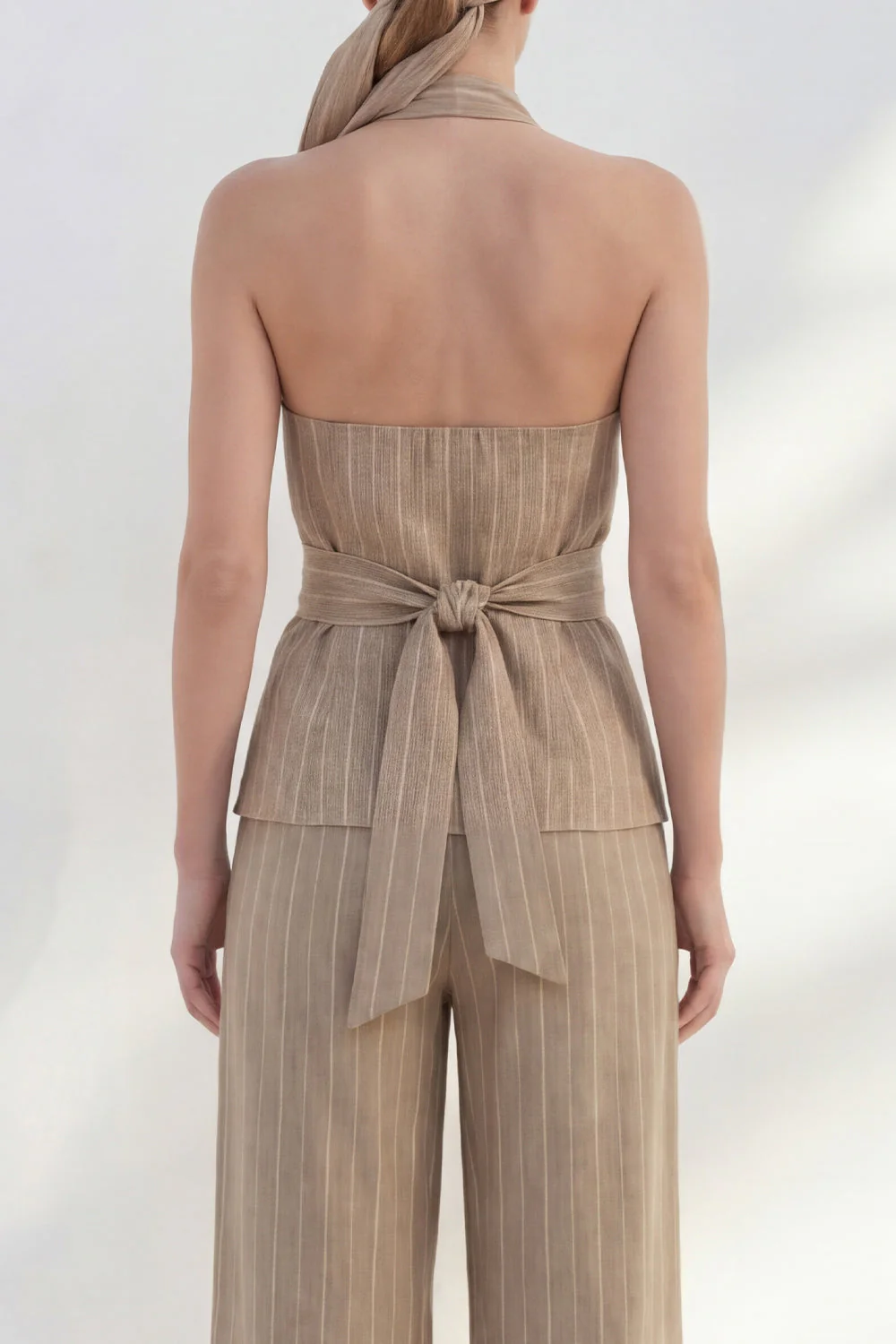 Khaki Halter 2 Piece Striped Linen Business Suits with Belt - Image 4