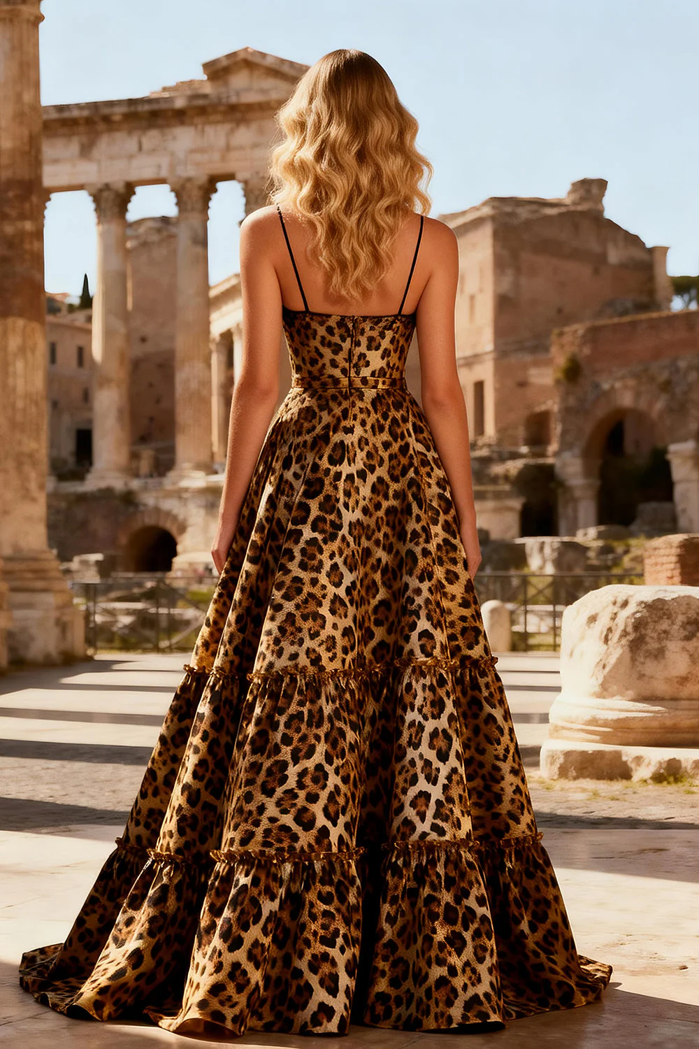 Khaki Leopard A Line Spaghetti Straps Long Prom Dress - Image 2