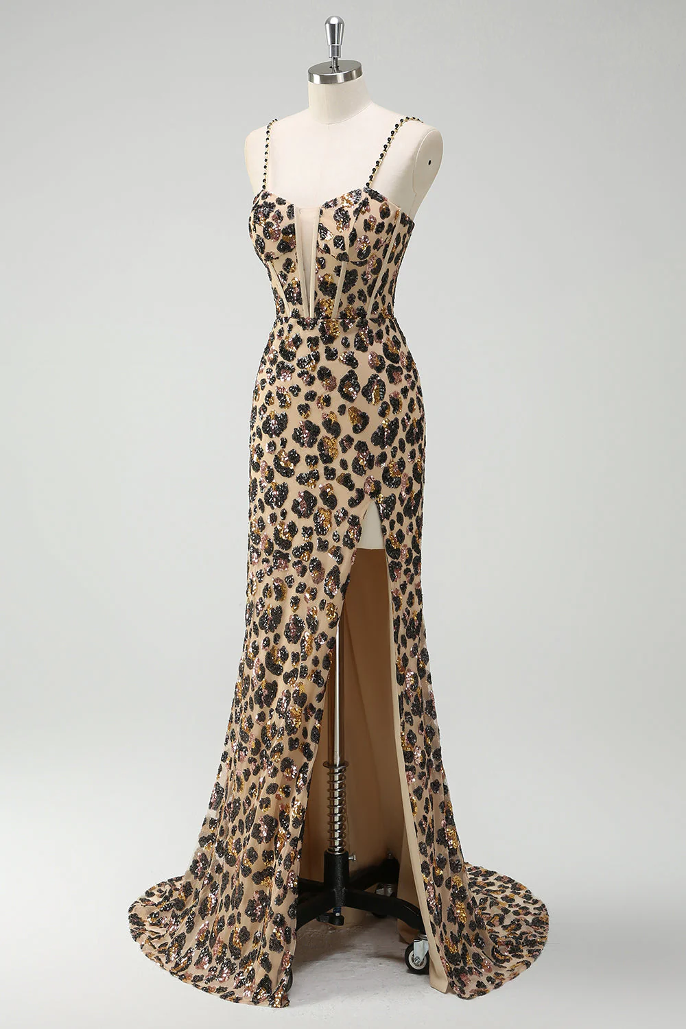 Khaki Leopard Sequins Mermaid Spaghetti Straps Long Corset Dress with Slit - Image 3