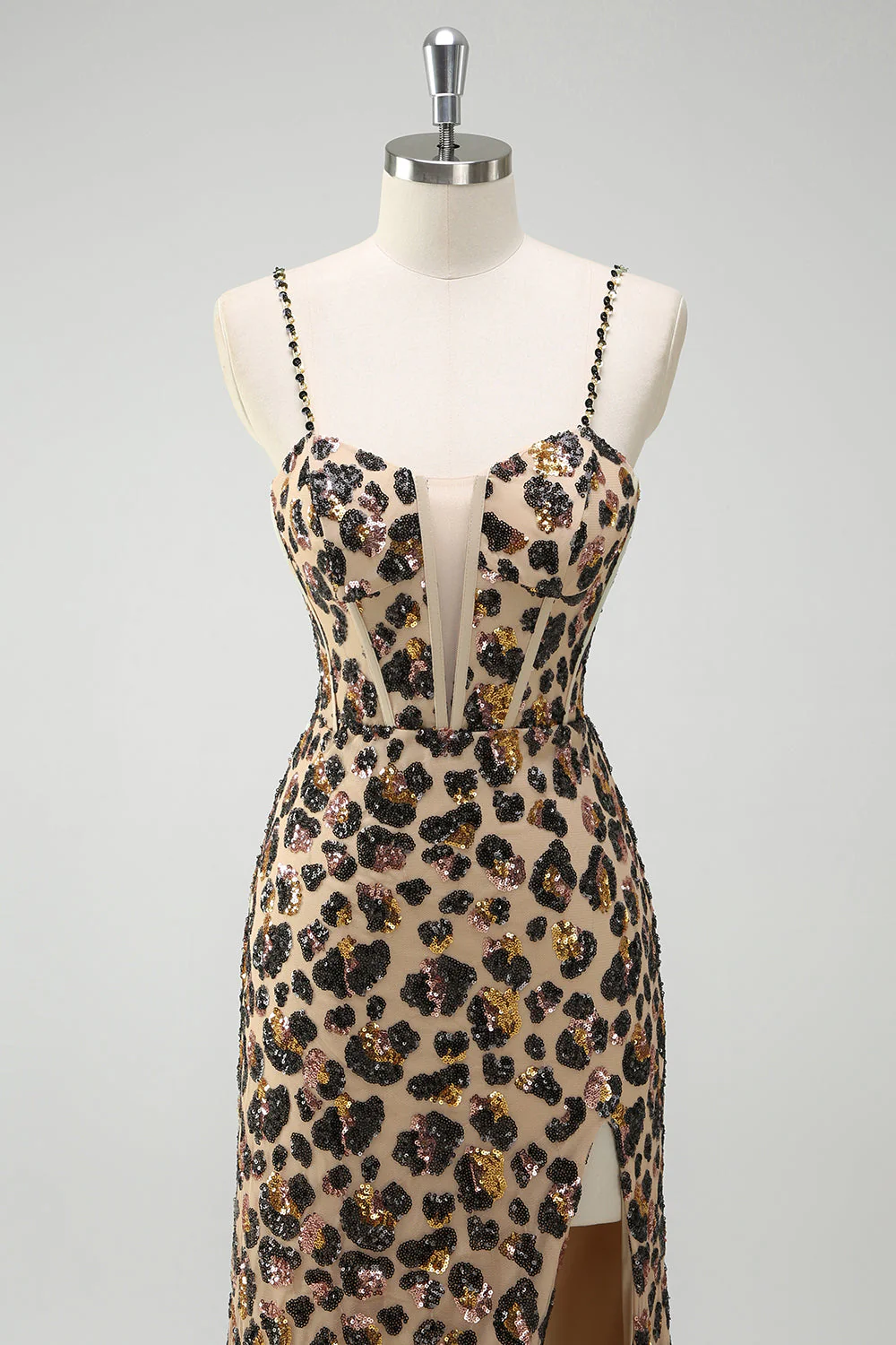 Khaki Leopard Sequins Mermaid Spaghetti Straps Long Corset Dress with Slit - Image 4