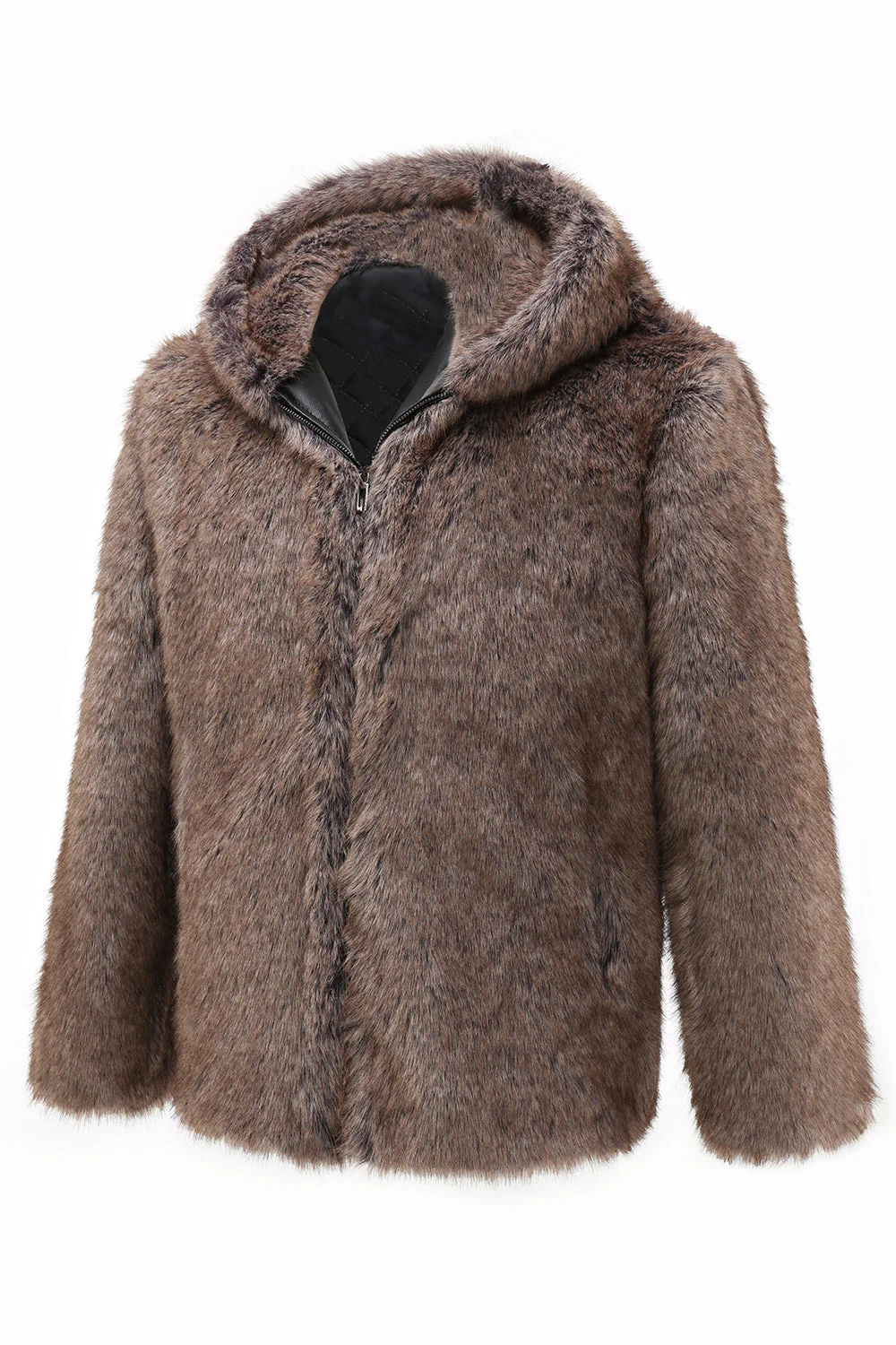 Khaki Men's Winter Faux Fur Coat Hooded - Image 3