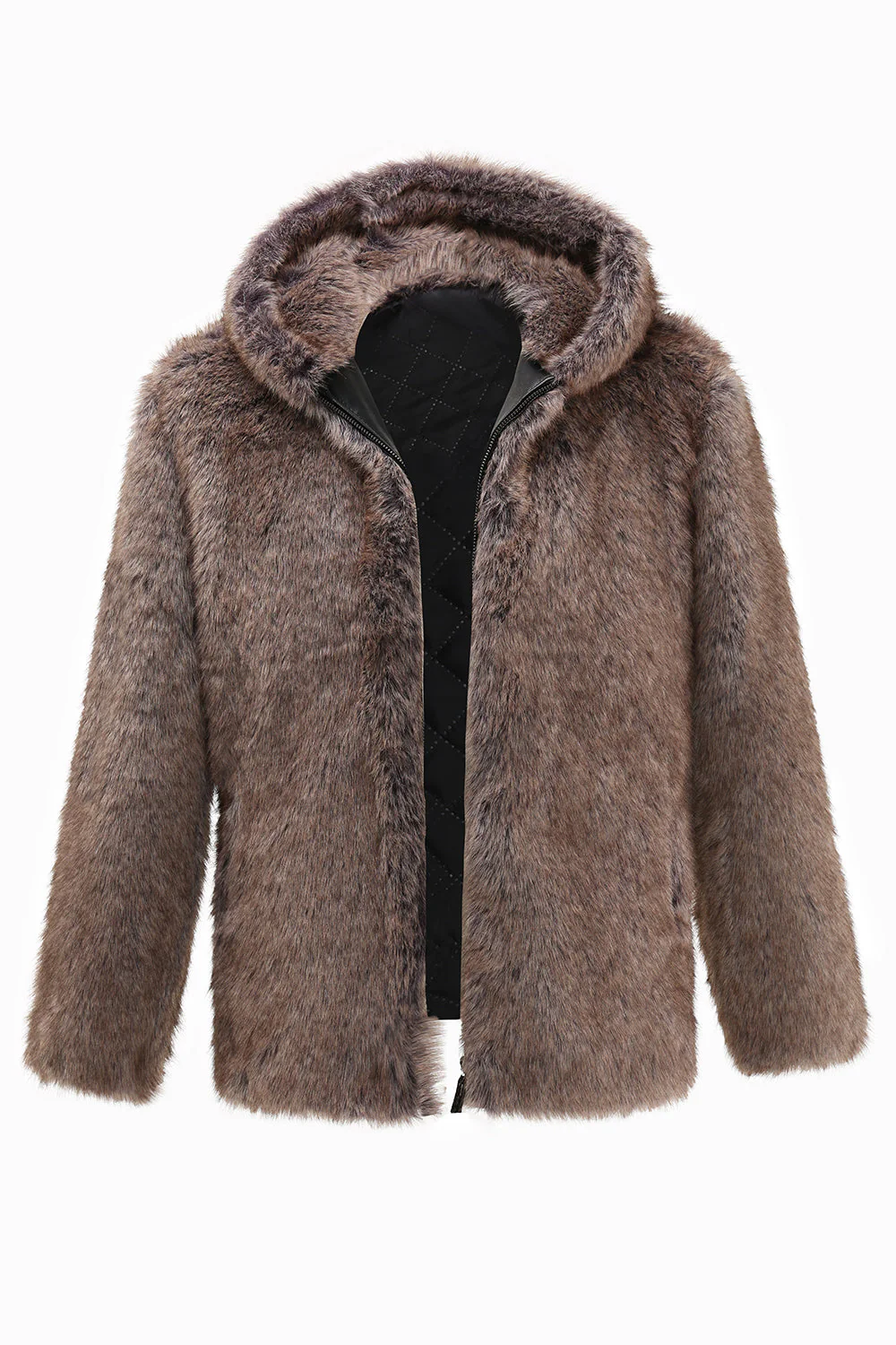 Khaki Men's Winter Faux Fur Coat Hooded - Image 4