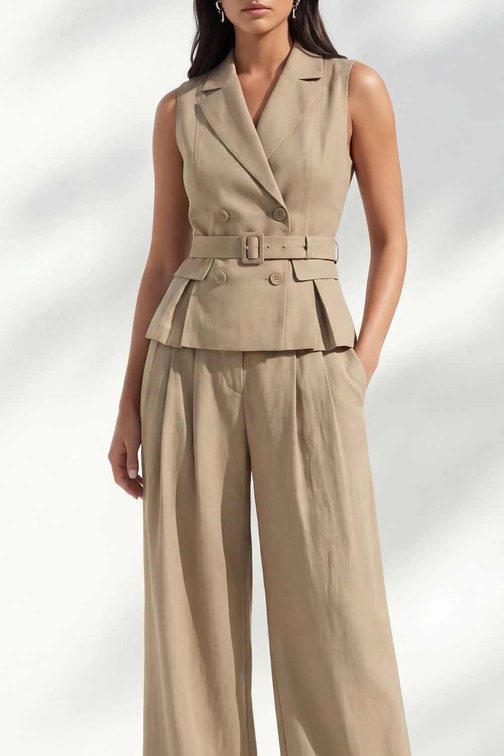 Khaki Notched Lapel Double Breasted Women Suit with Belt - Image 3