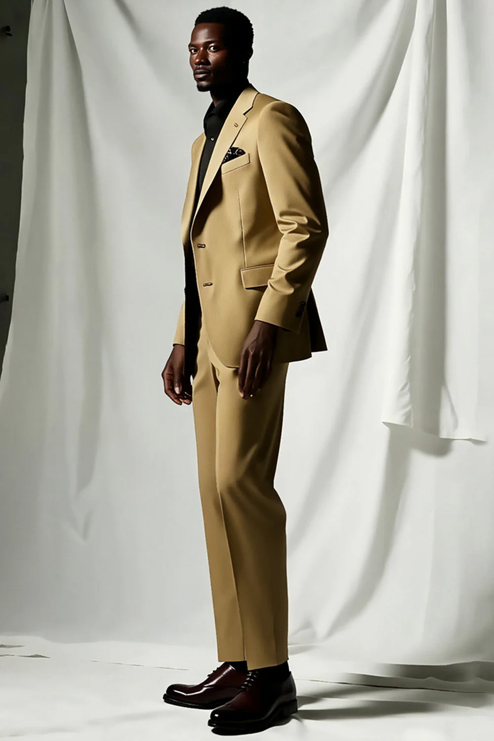 Khaki Notched Lapel Single Breasted Men's Formal Blazer - Image 4