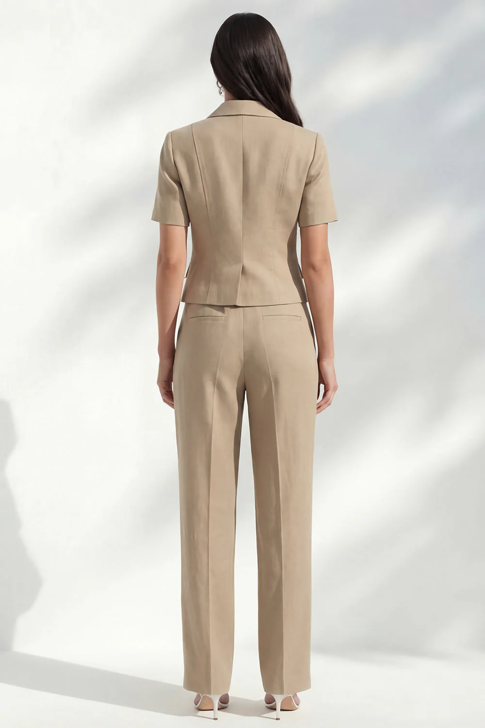 Khaki Notched Lapel Single Breasted Slim Fit Women Suit with Short Sleeves - Image 2