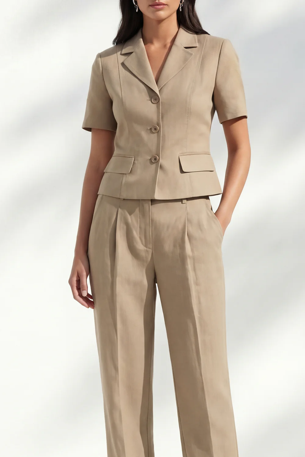 Khaki Notched Lapel Single Breasted Slim Fit Women Suit with Short Sleeves - Image 3