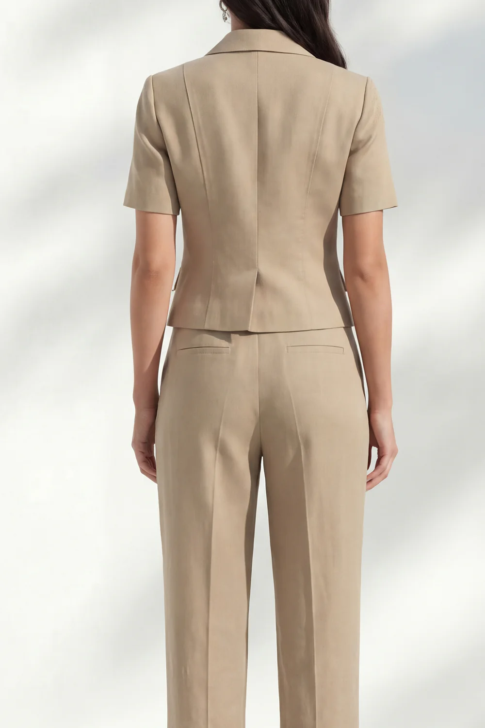 Khaki Notched Lapel Single Breasted Slim Fit Women Suit with Short Sleeves - Image 4