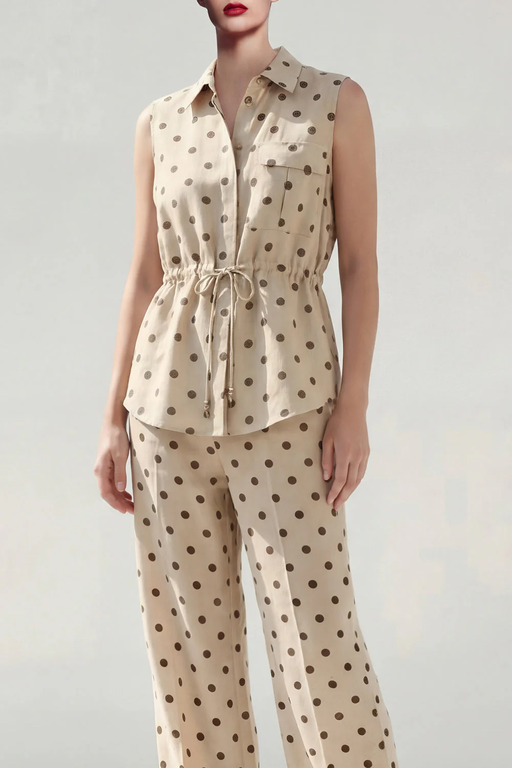 Khaki Polka Dots 2 Piece Collared Women Suits - Image 3