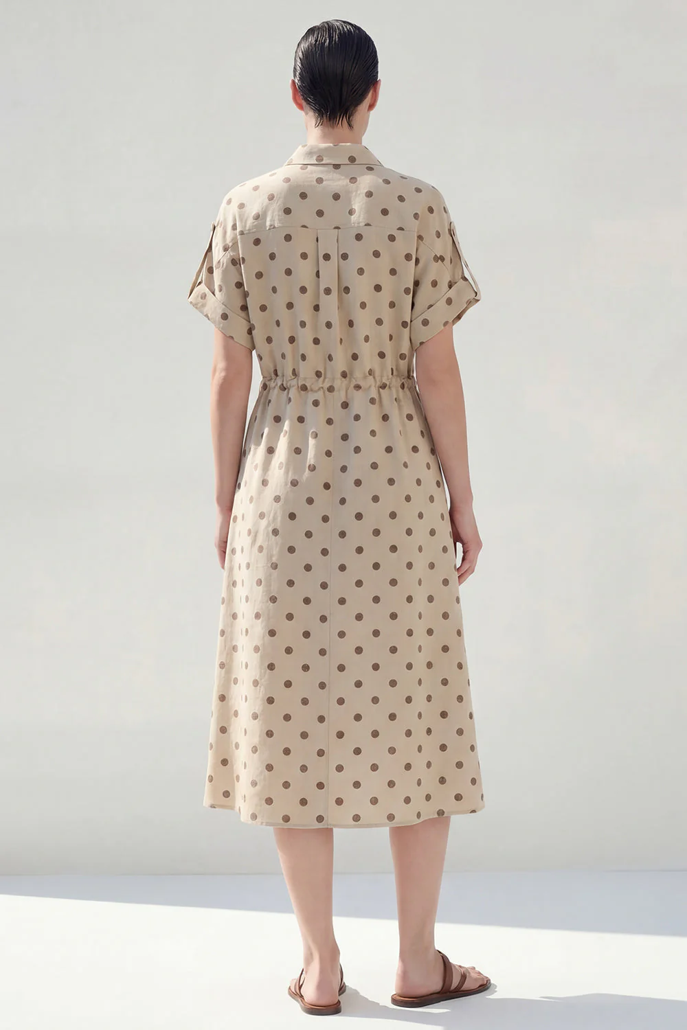 Khaki Polka Dots A Line Collared Midi Work Dress - Image 2
