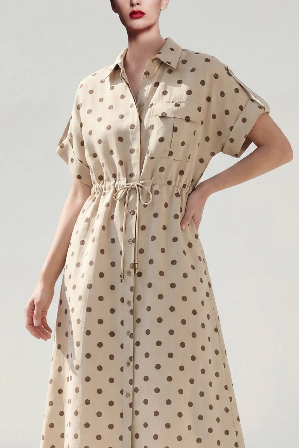 Khaki Polka Dots A Line Collared Midi Work Dress - Image 3