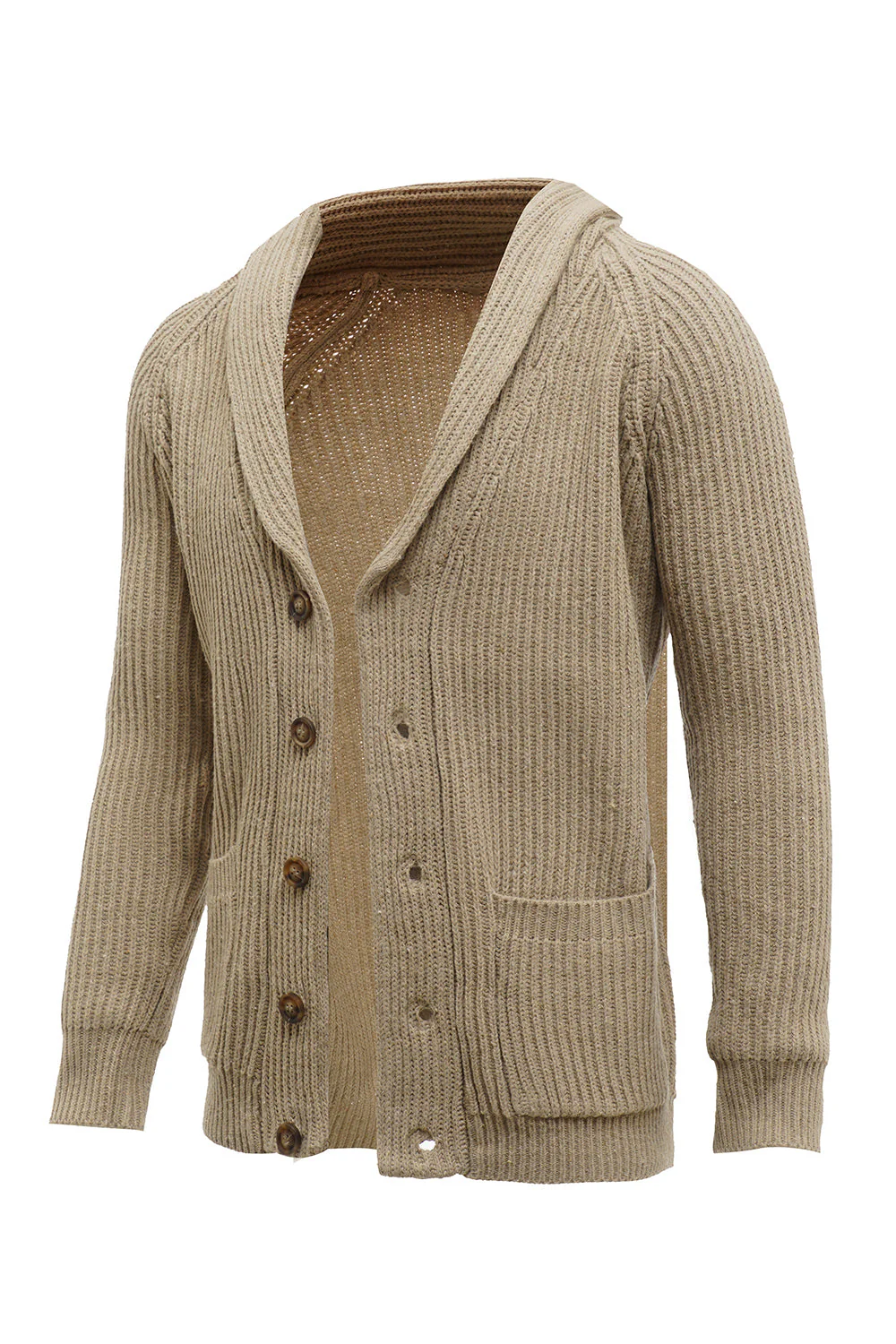 Khaki Shawl Collar Long Sleeves Men's Cardigan Sweater - Image 3