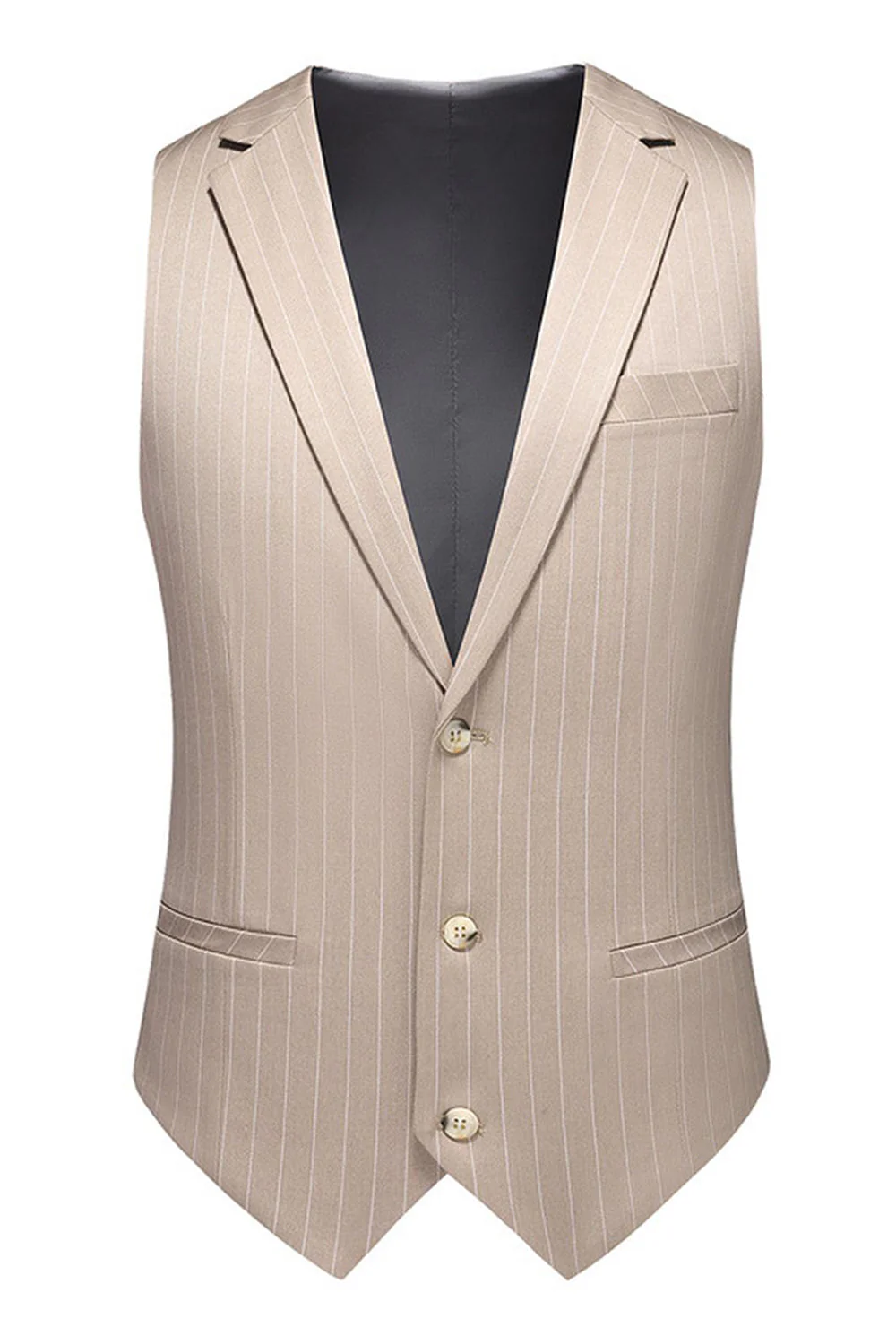 Khaki Striped 3 Pieces Notched Lapel Men's Formal Suits - Image 3