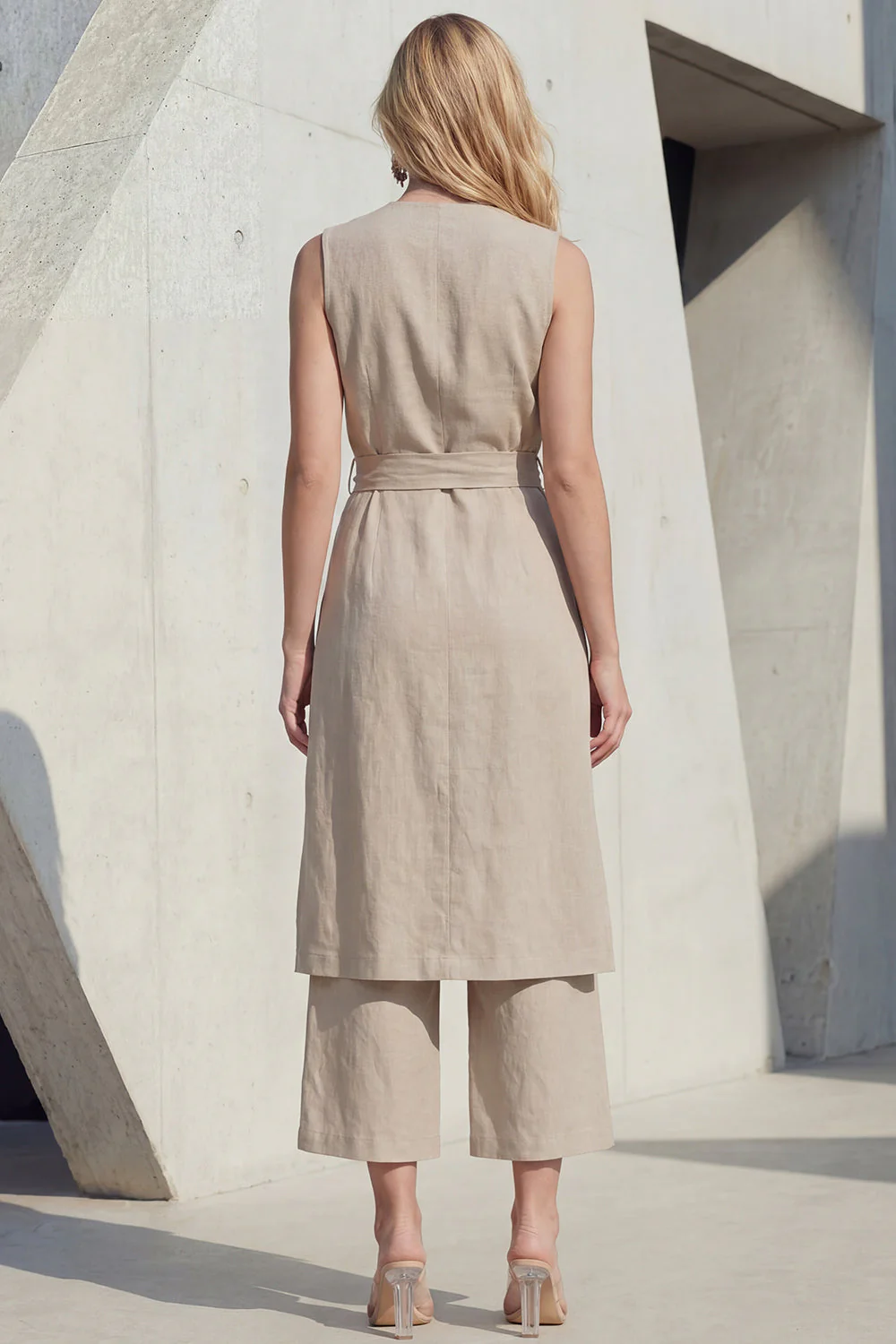 Khaki V-Neck Leisure Women Suit with Belt - Image 2