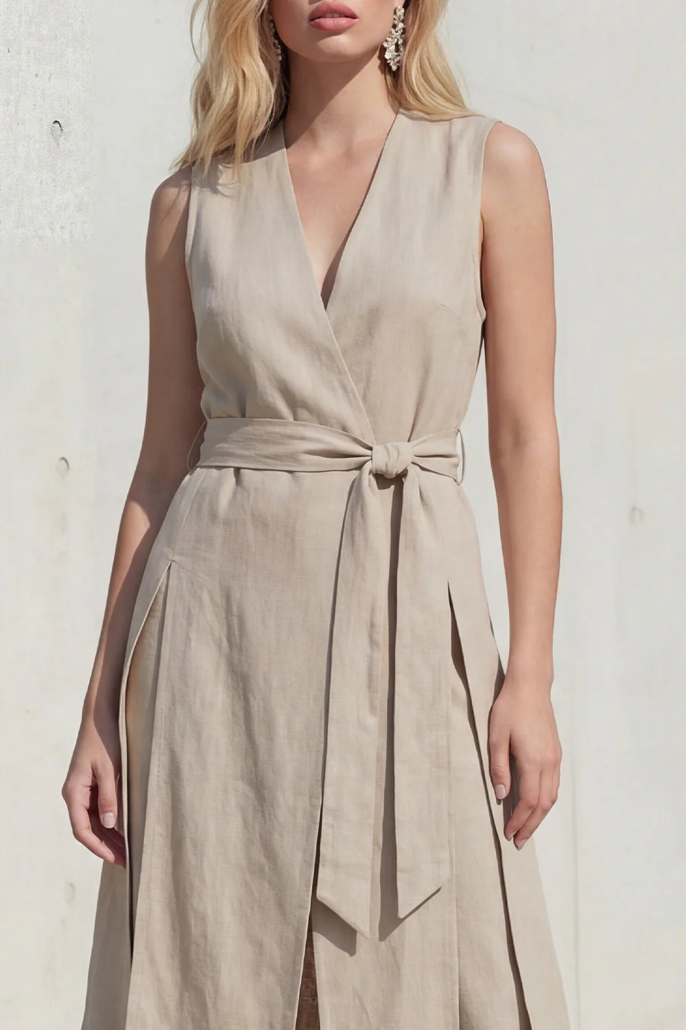 Khaki V-Neck Leisure Women Suit with Belt - Image 3