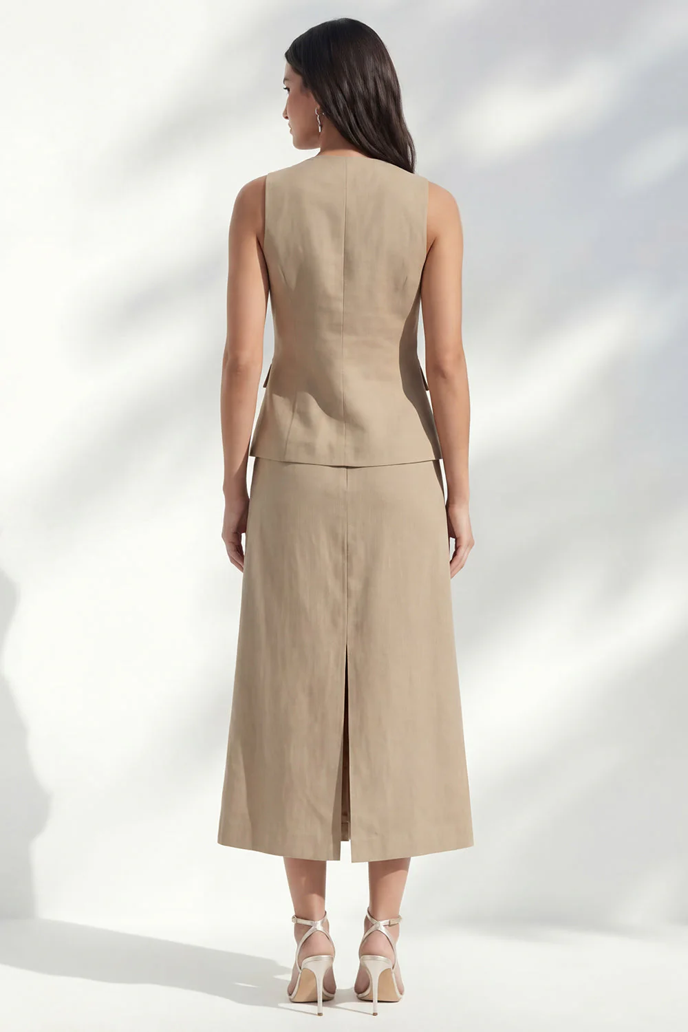 khaki V-Neck Sheath Single Breasted Midi Slim Fit Work Dress with Slit - Image 2