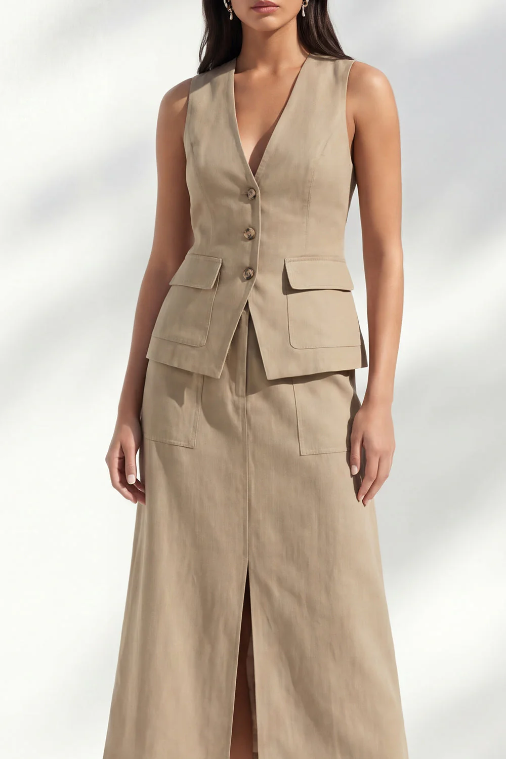khaki V-Neck Sheath Single Breasted Midi Slim Fit Work Dress with Slit - Image 3