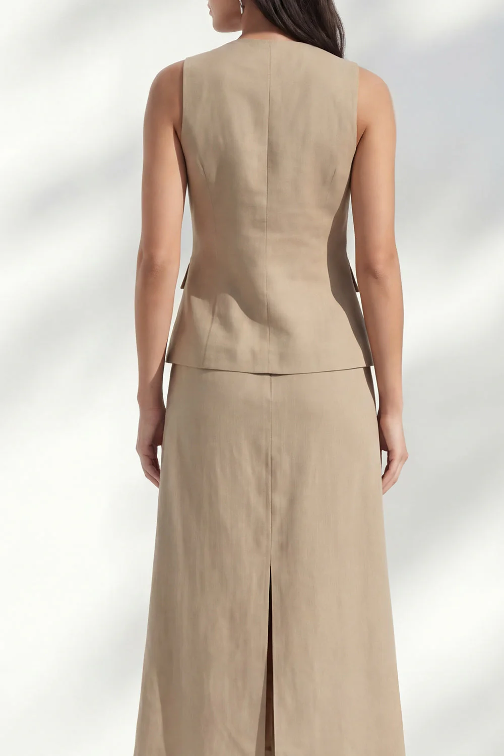 khaki V-Neck Sheath Single Breasted Midi Slim Fit Work Dress with Slit - Image 4