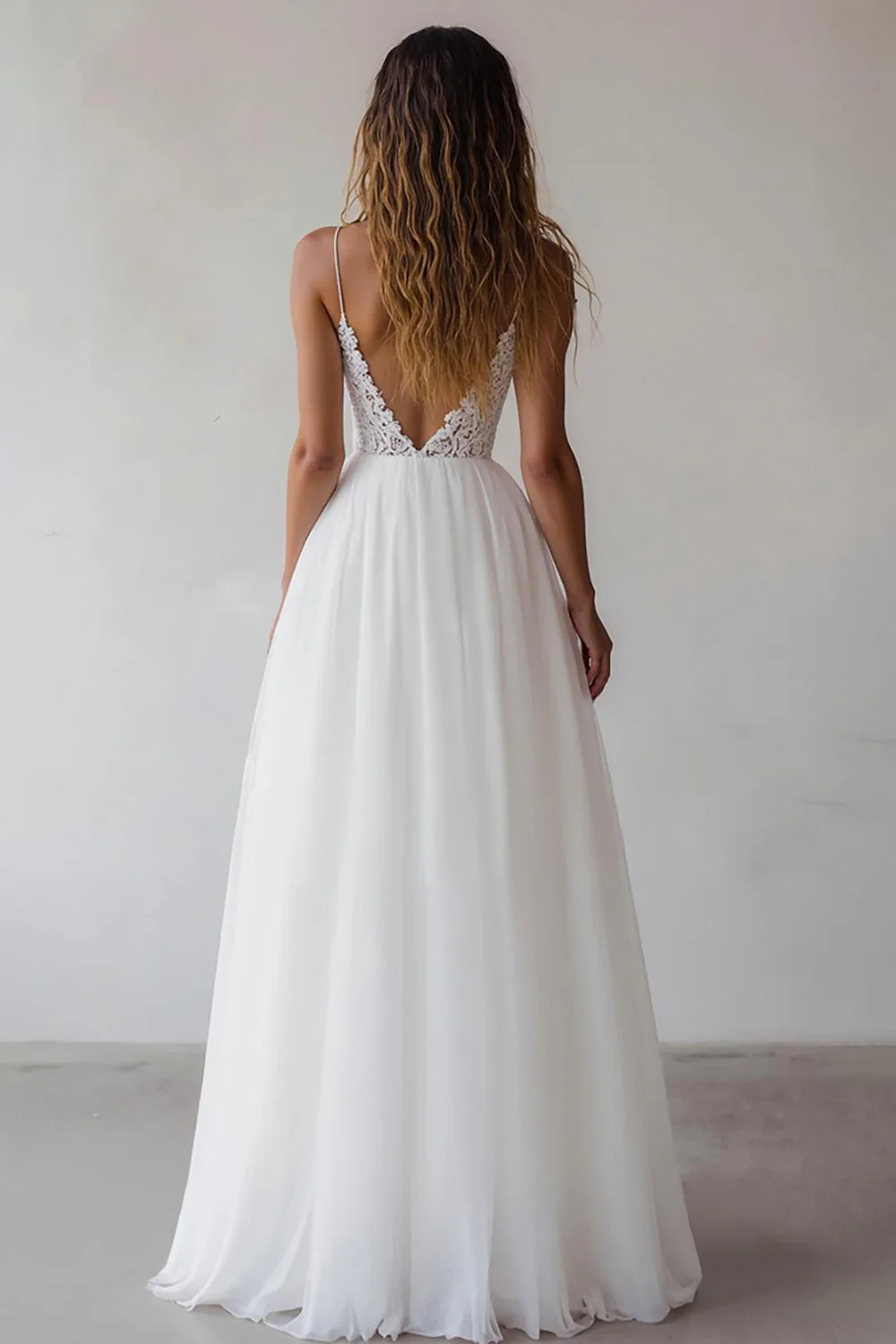 Lace A Line V Neck Long White Wedding Dress - Image 2