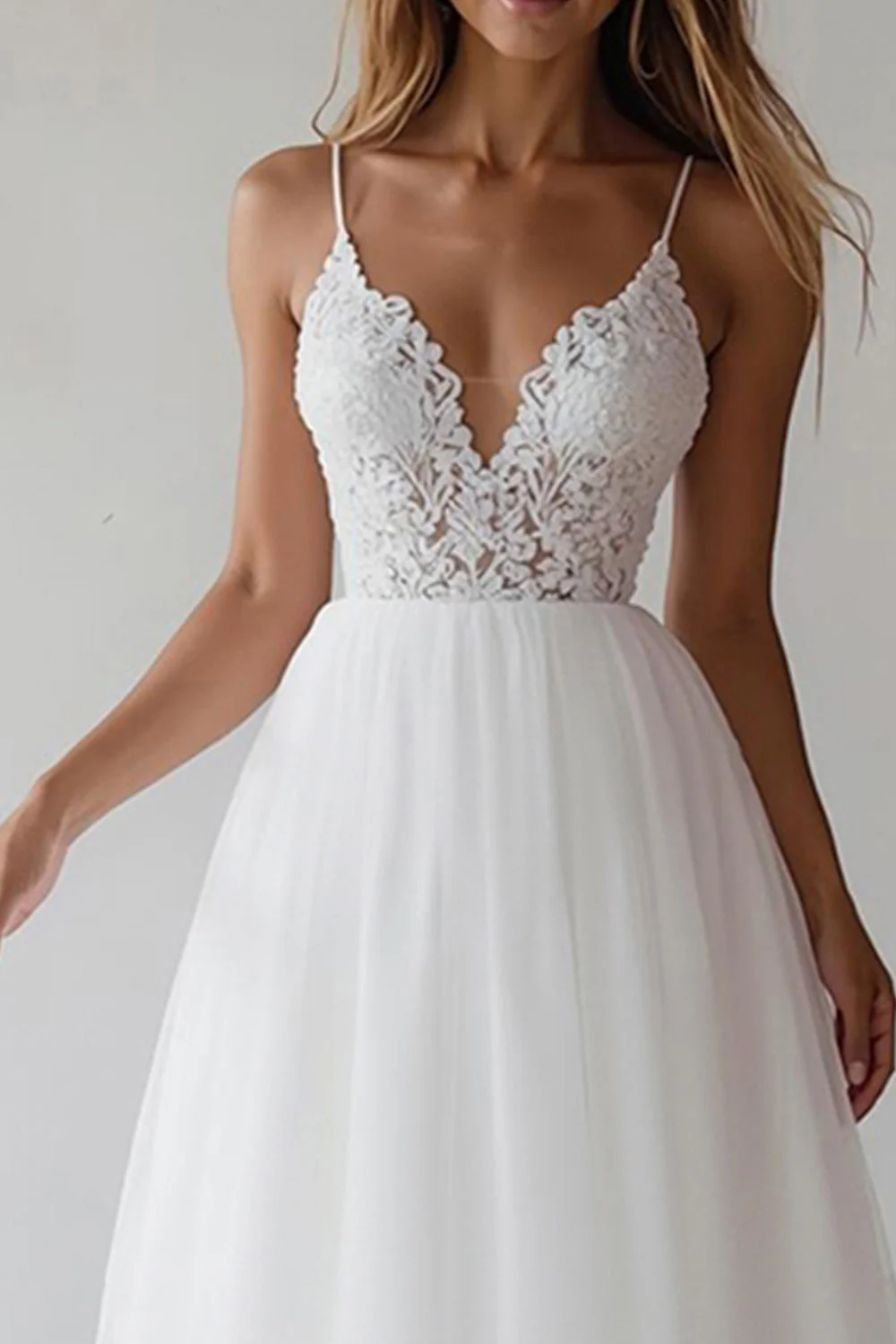Lace A Line V Neck Long White Wedding Dress - Image 3