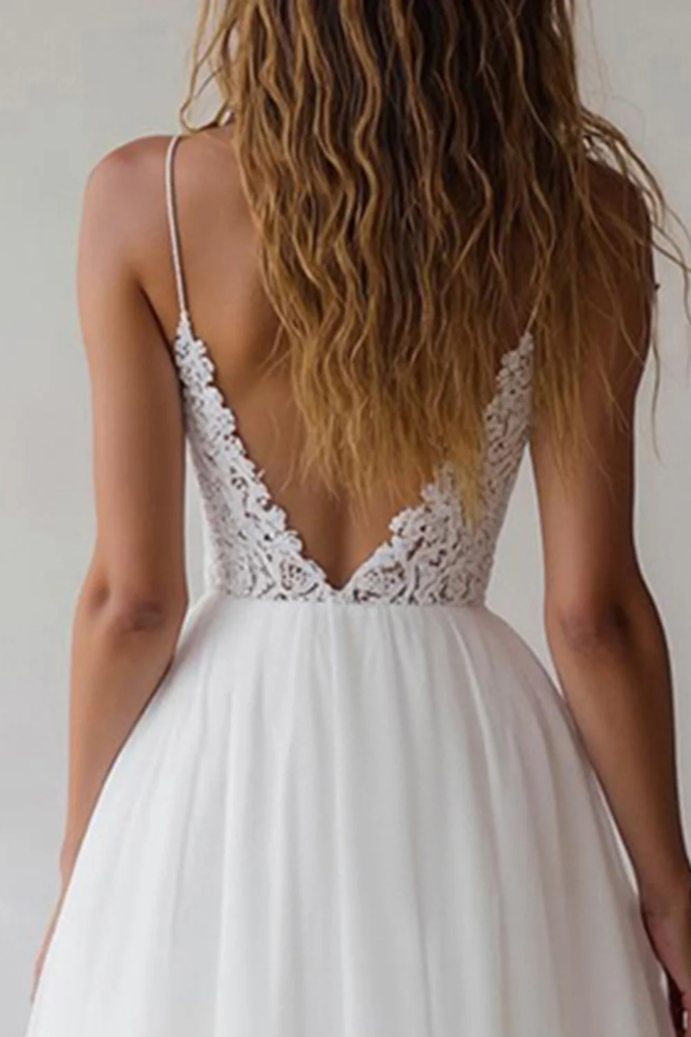 Lace A Line V Neck Long White Wedding Dress - Image 4