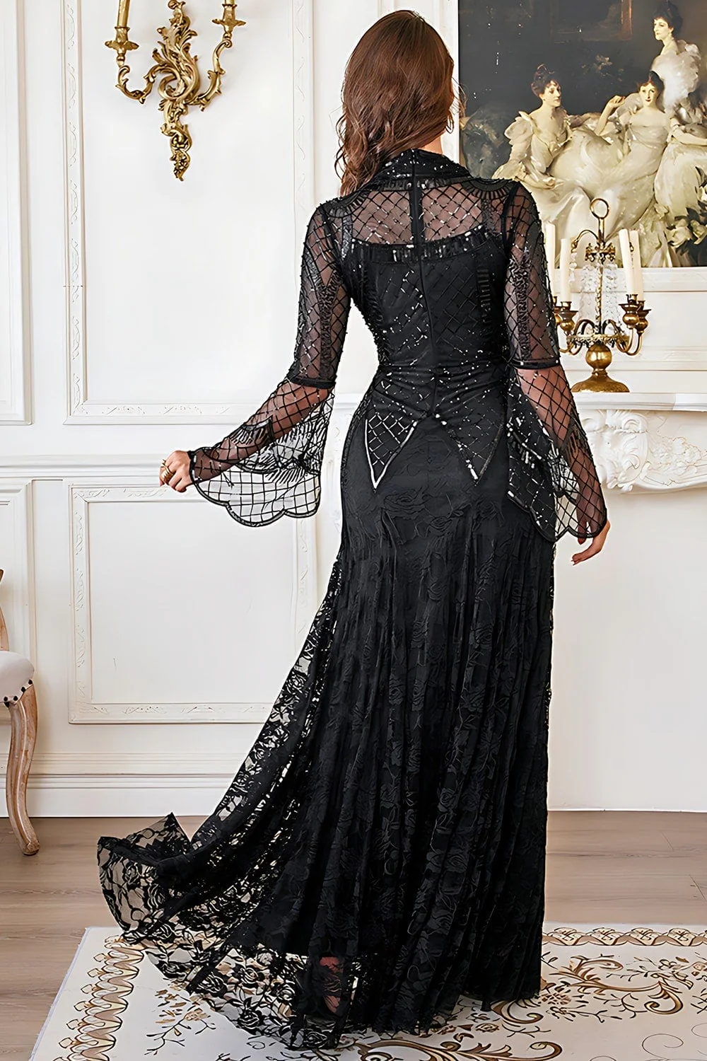 Lace Beaded Black Long Sleeve Mother of the Bride Dress - Image 2