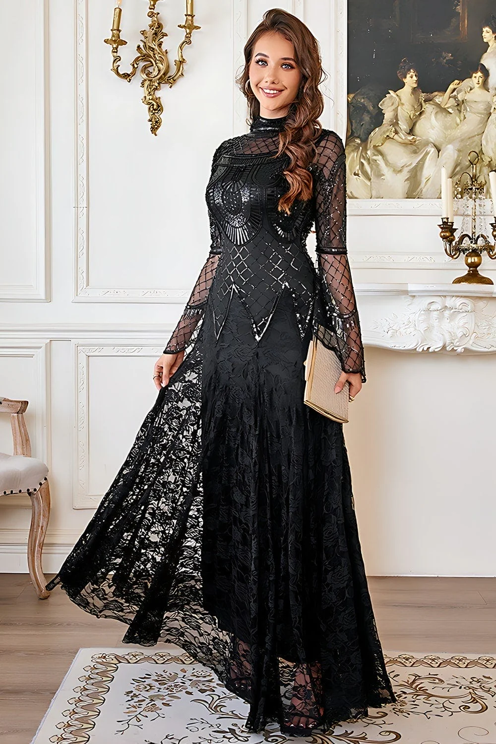 Lace Beaded Black Long Sleeve Mother of the Bride Dress - Image 3