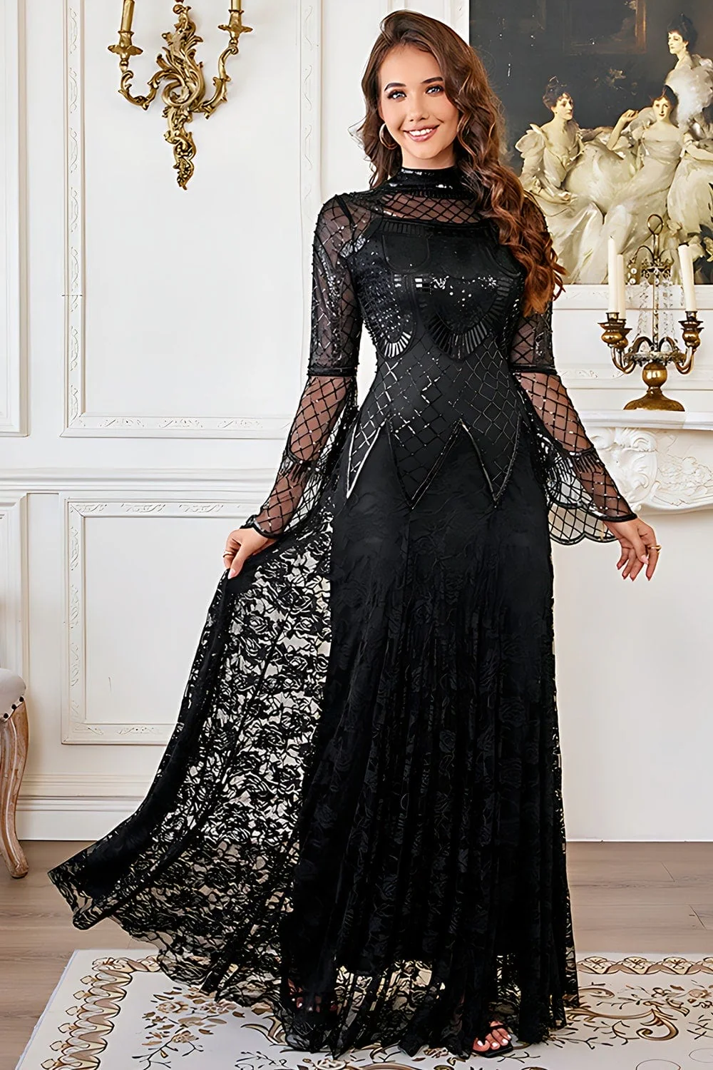 Lace Beaded Black Long Sleeve Mother of the Bride Dress - Image 4