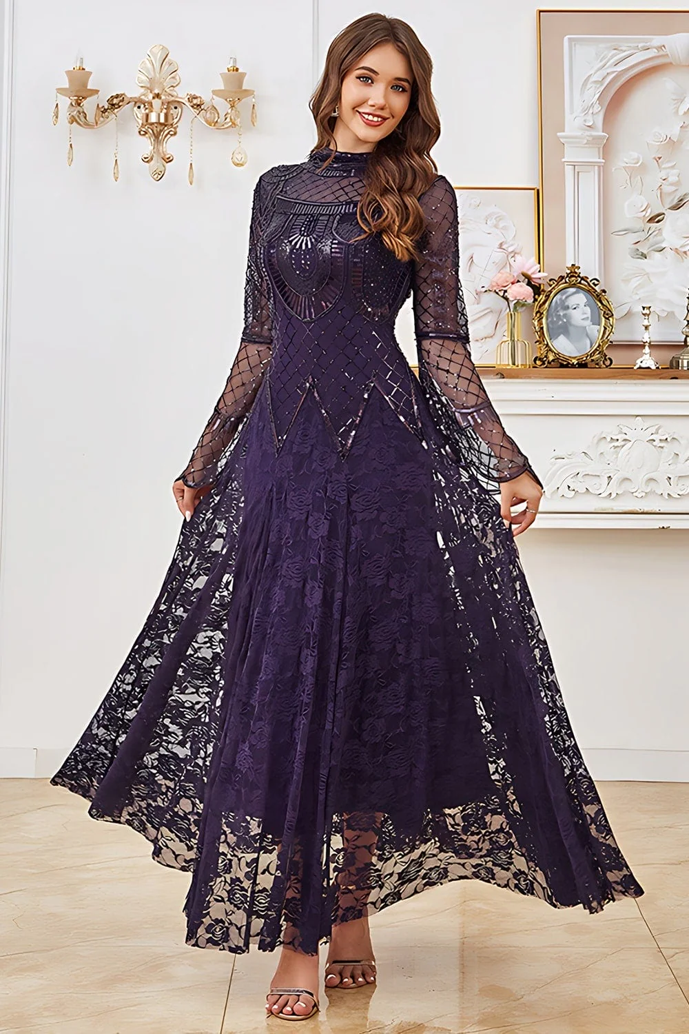 Lace Beaded Black Long Sleeve Mother of the Bride Dress - Image 5