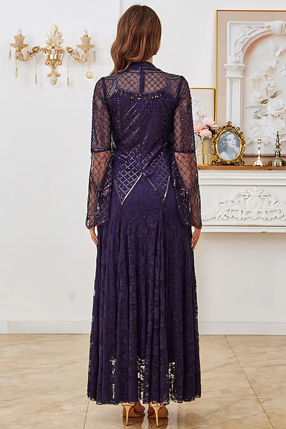 Lace Beaded Black Long Sleeve Mother of the Bride Dress - Image 6