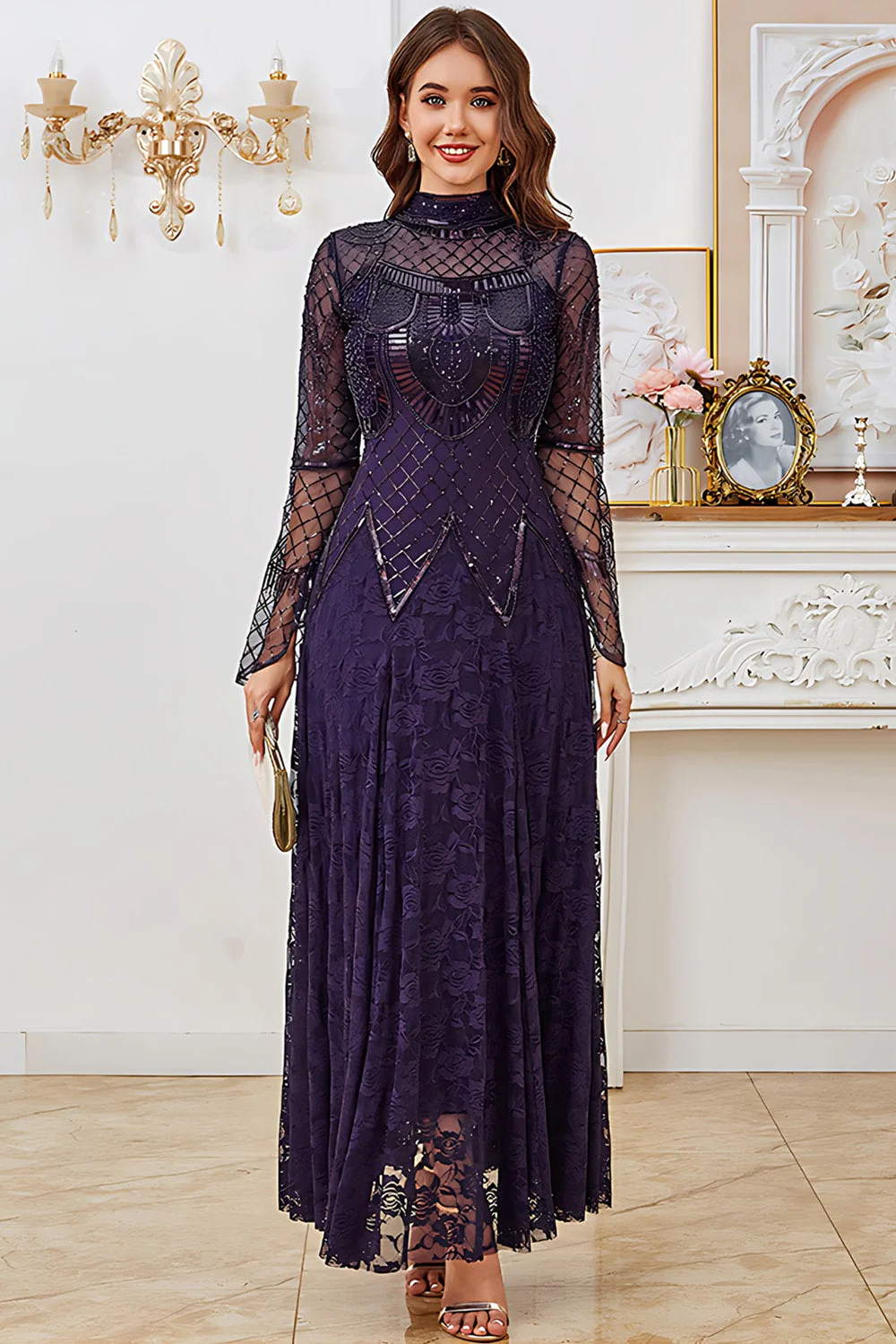 Lace Beaded Black Long Sleeve Mother of the Bride Dress - Image 7