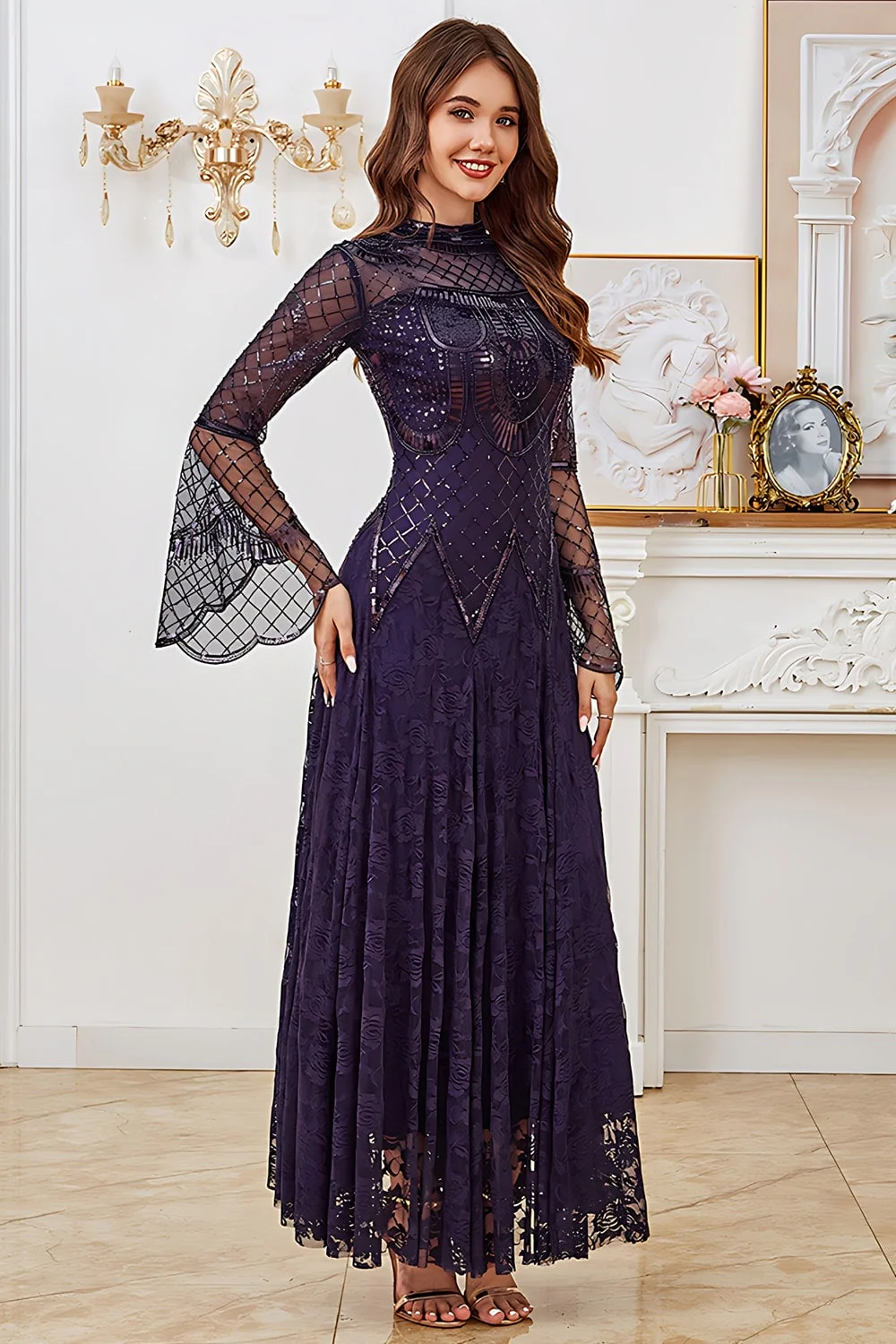 Lace Beaded Black Long Sleeve Mother of the Bride Dress - Image 8