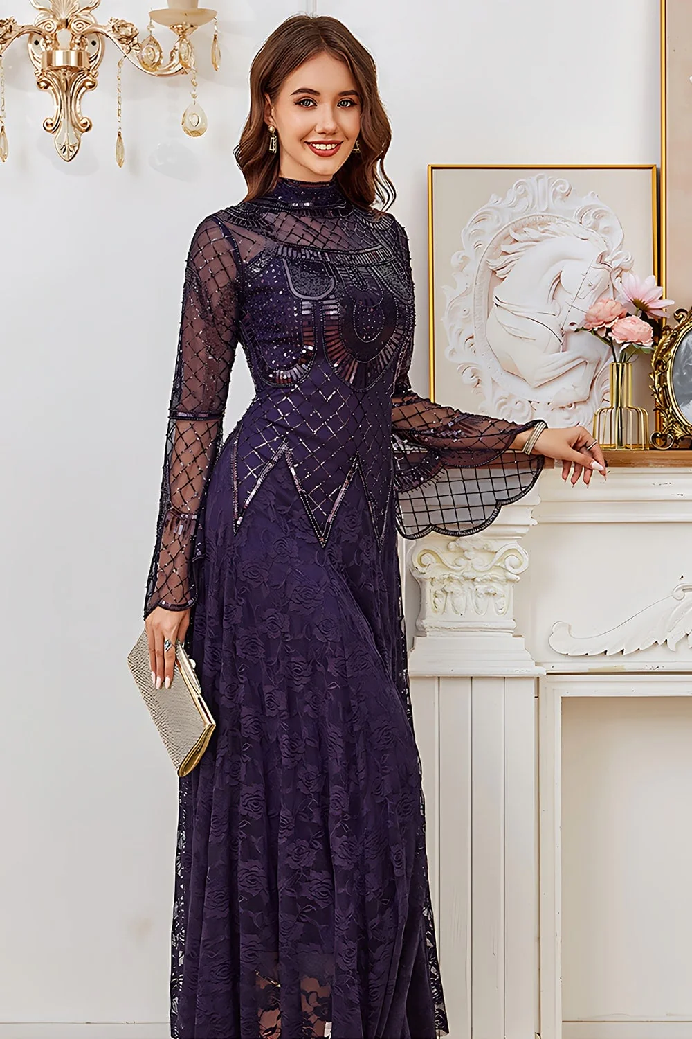 Lace Beaded Black Long Sleeve Mother of the Bride Dress - Image 9