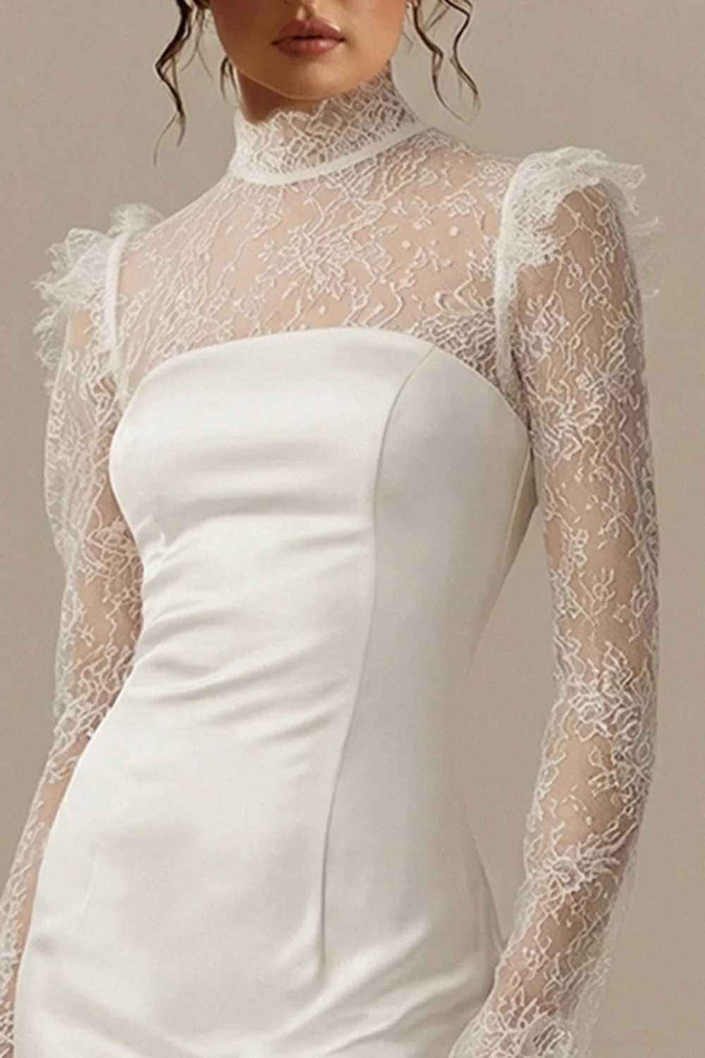 Lace Bodycon High Neck Little White Dress with Long Sleeves - Image 3