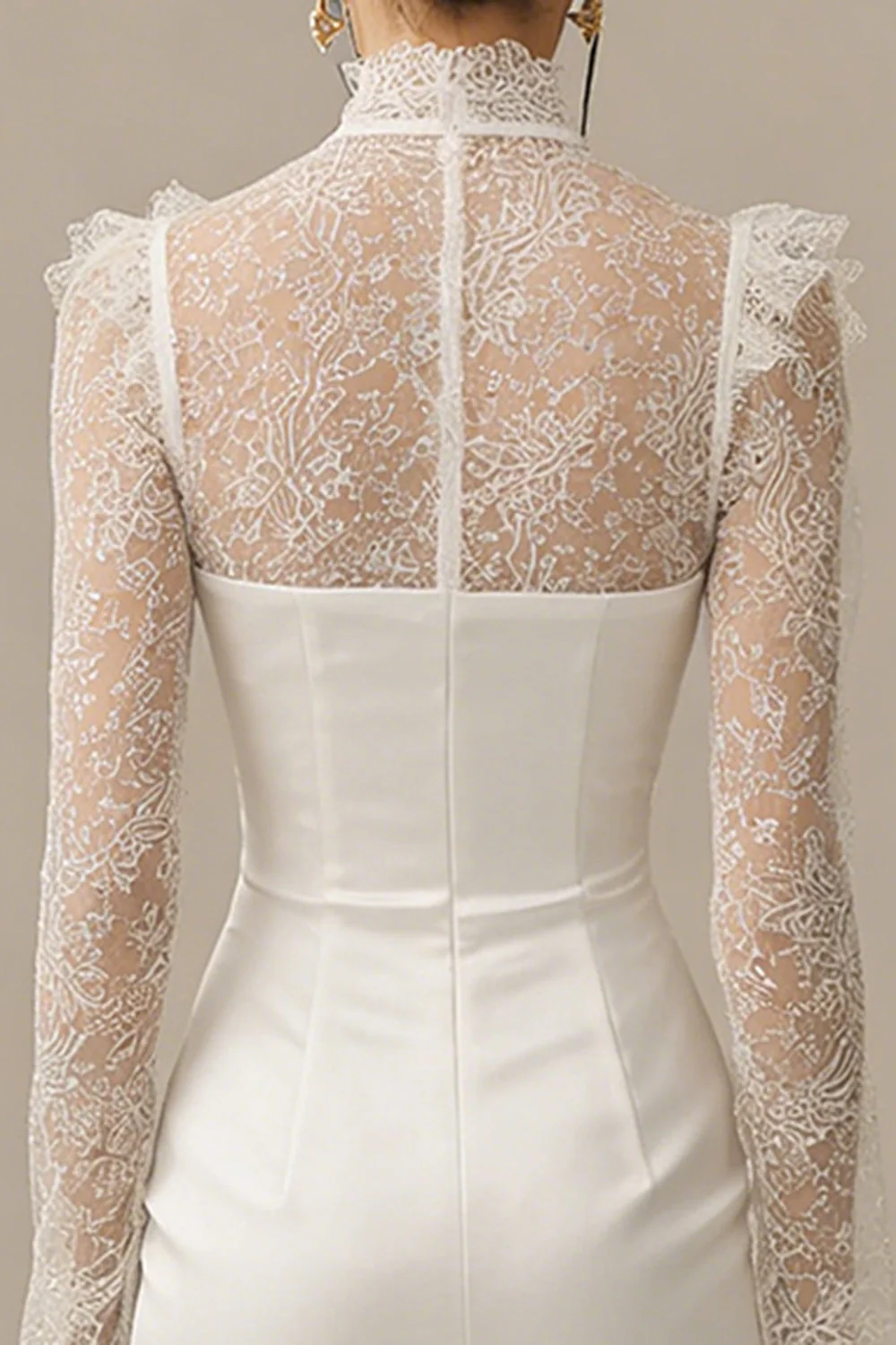 Lace Bodycon High Neck Little White Dress with Long Sleeves - Image 4